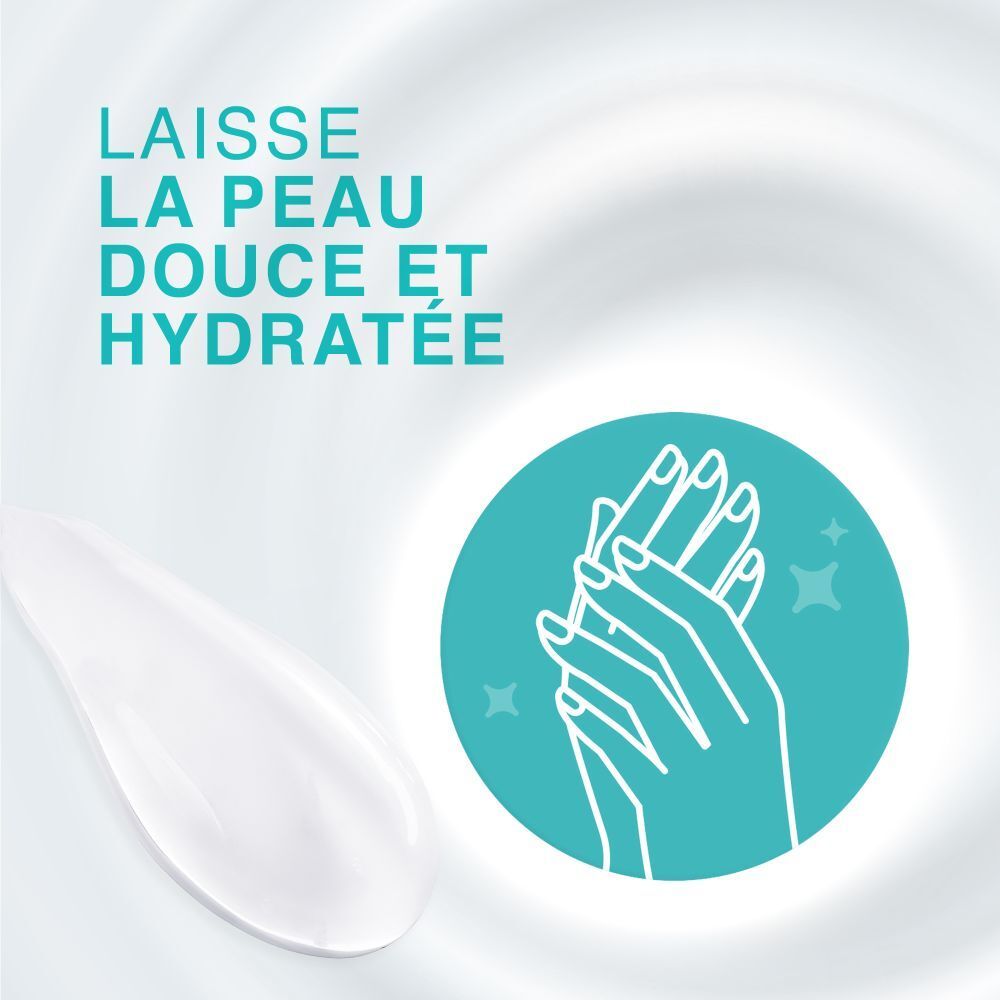 Grafik: Hände. Text: Laisse la peau douce et hydratée. Handcreme-Effekt.