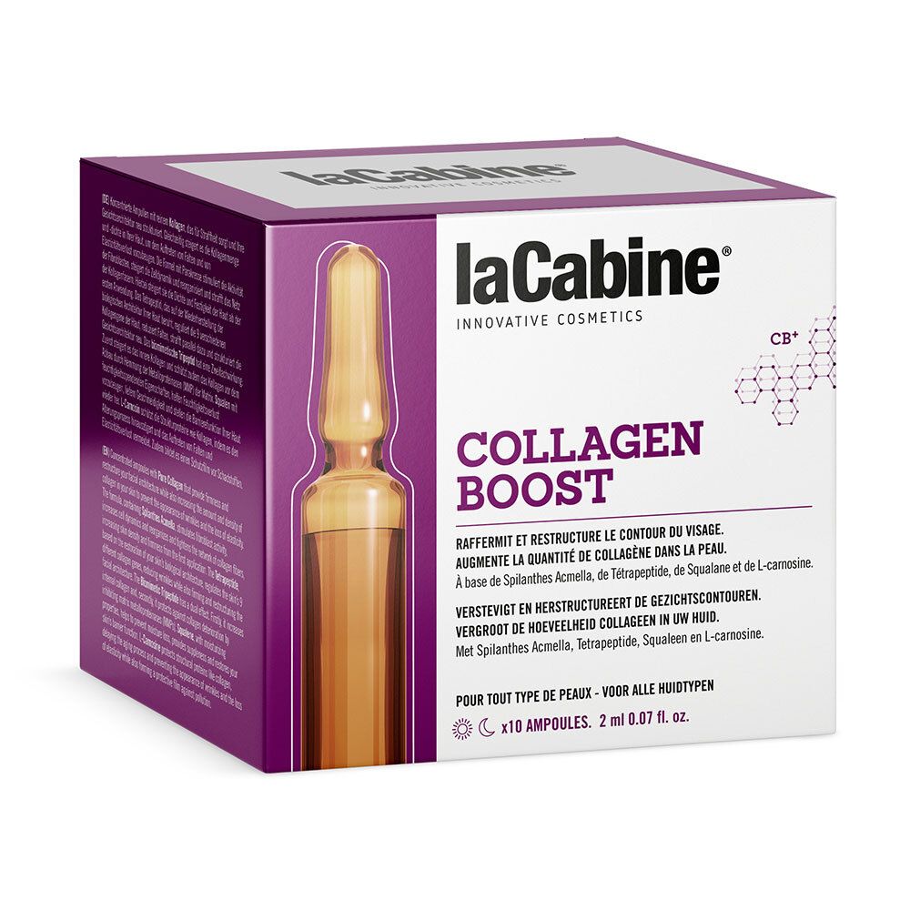 LaCabine Collagen Boost. Verpackung mit Ampulle. Aufschrift: Collagen Boost, für alle Hauttypen.