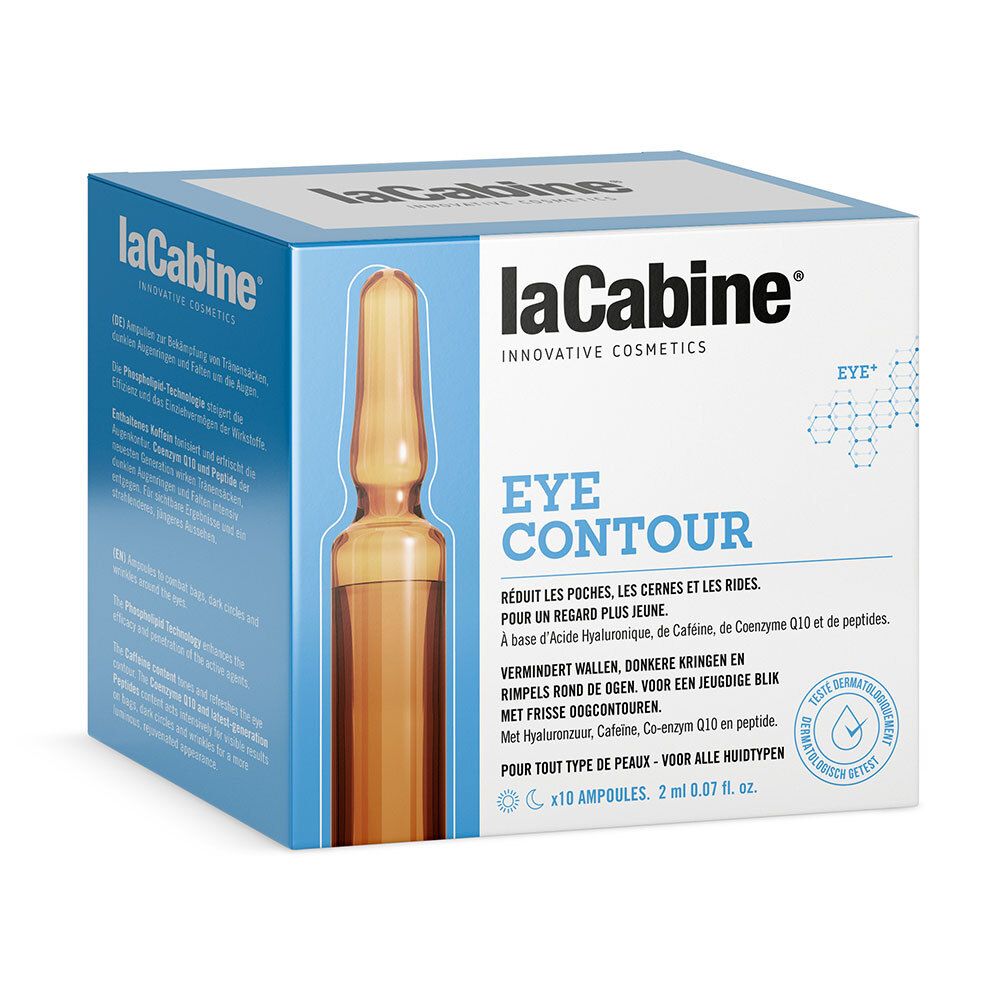 LaCabine® Eye Contour Packung mit Ampulle. Blaue und weiße Verpackung. Enthält 10 Ampullen. Text: Eye Contour, Hyaluronsäure, Koffein, Coenzym Q10.