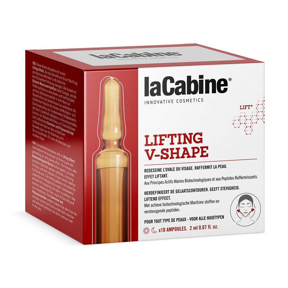 Verpackung mit Ampullen. Aufschrift: LaCabine, Lifting V-Shape. Enthält 10 Ampullen. Für alle Hauttypen.