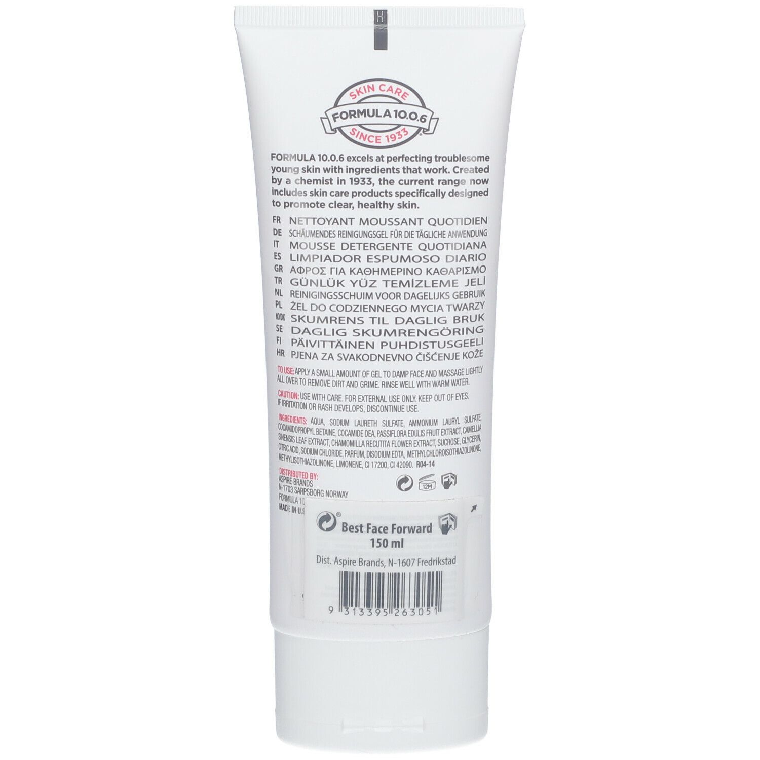 Dos du tube. Texte multilingue. FORMULA 10.0.6, depuis 1933. 150 ml. Ingrédients.