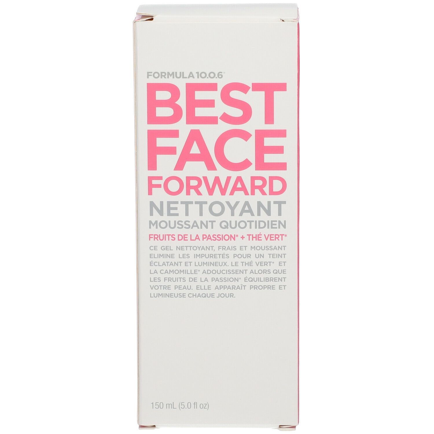 Emballage du produit. FORMULA 10.0.6, BEST FACE FORWARD, nettoyant. Rose et blanc. 150 ml.