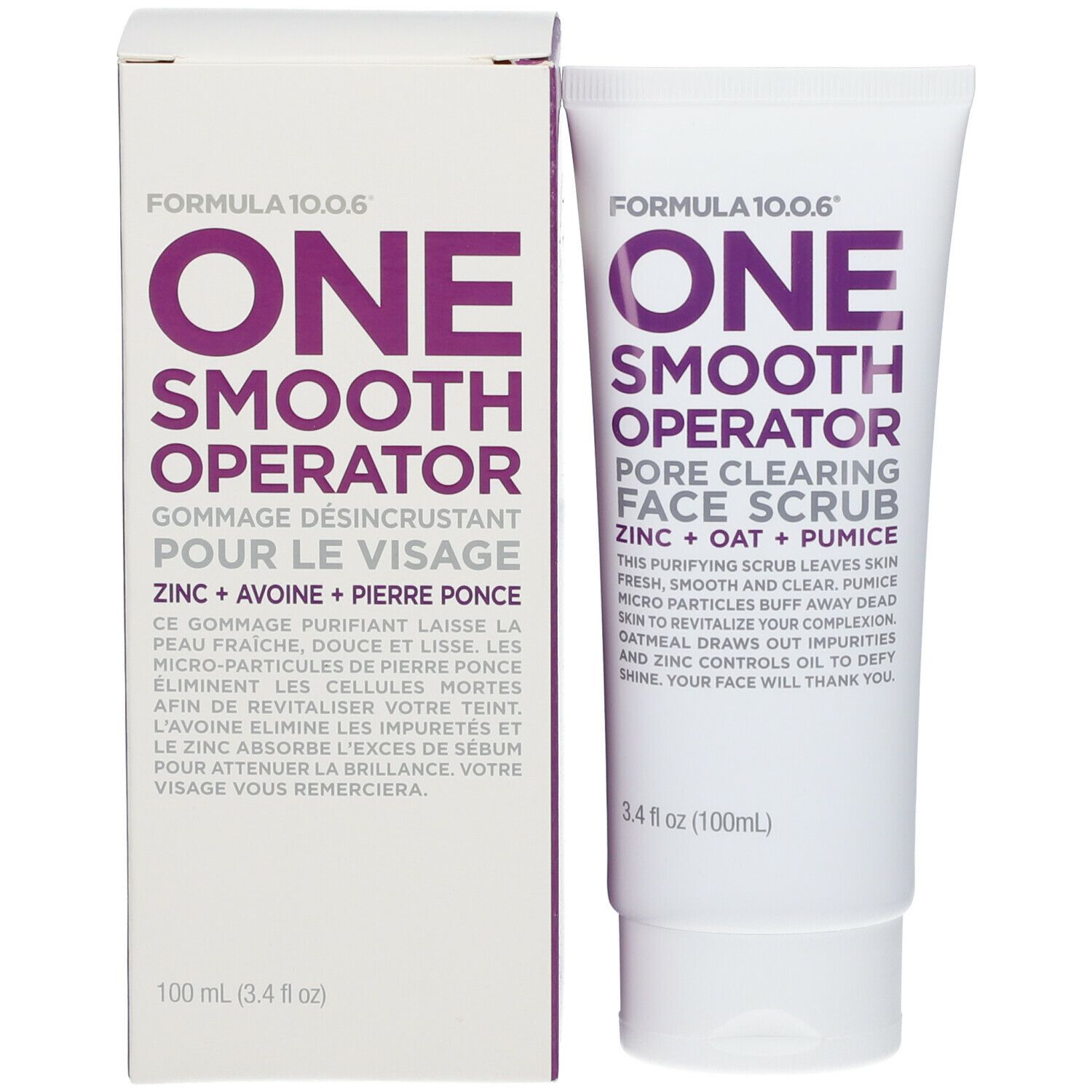 Emballage produit avec tube et boîte. Inscription : FORMULA 10.0.6® One Smooth Operator. Gommage visage Zinc + Avoine.