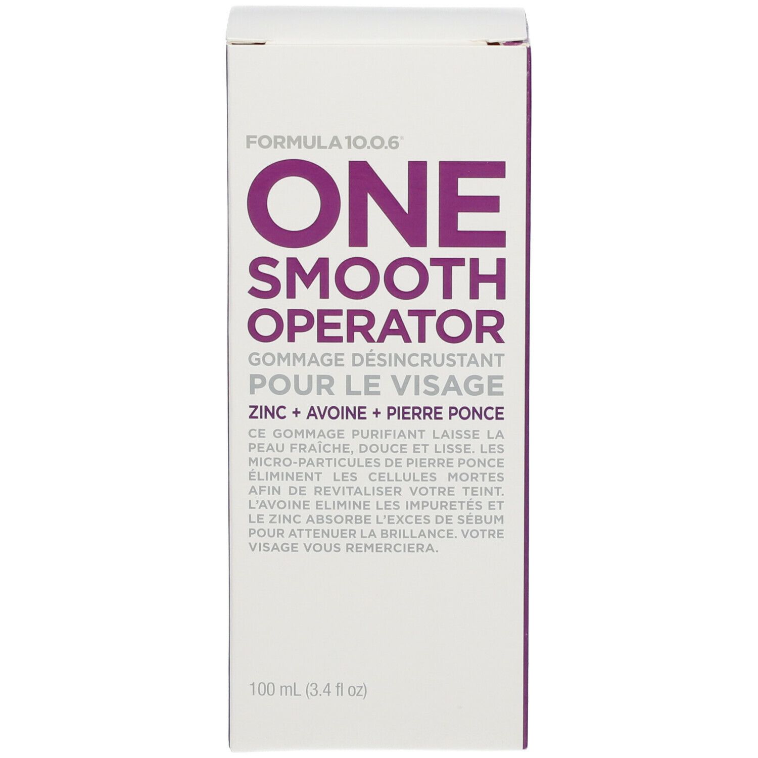 Emballage carton avec texte produit. Inscription : FORMULA 10.0.6® One Smooth Operator. Gommage visage Zinc + Avoine.