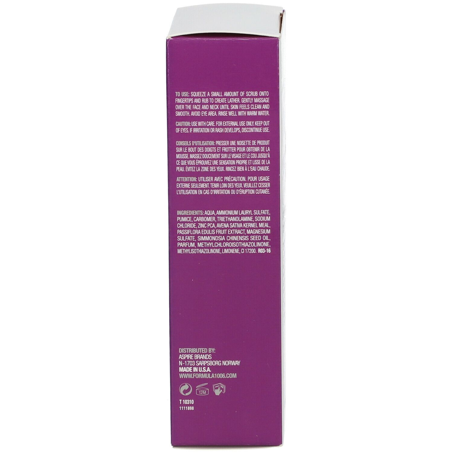 Emballage carton, dos avec informations produit et ingrédients. Marque : FORMULA 10.0.6® One Smooth Operator.