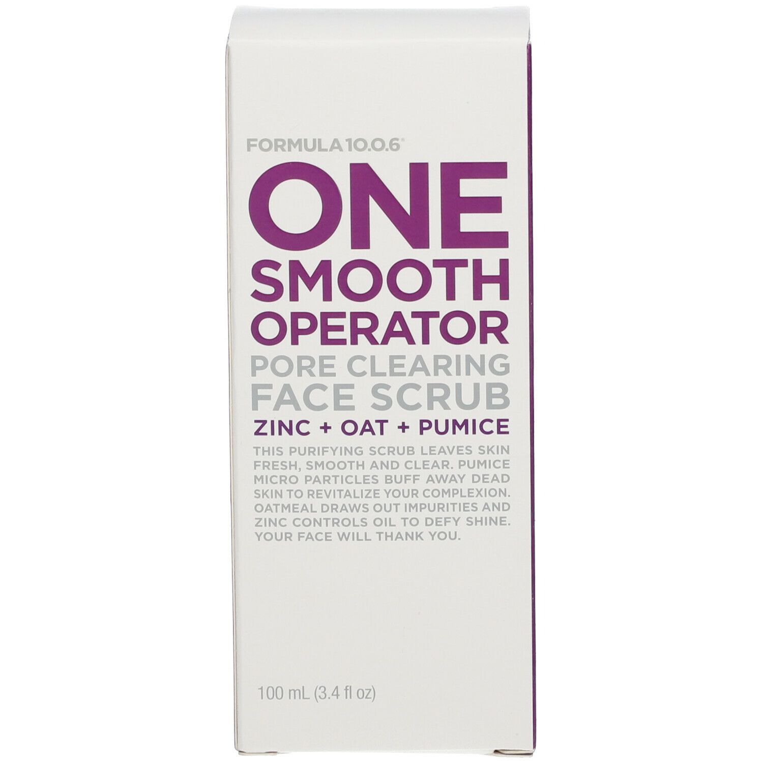 Emballage carton avec texte produit. Inscription : FORMULA 10.0.6® One Smooth Operator. Gommage visage Zinc + Avoine.