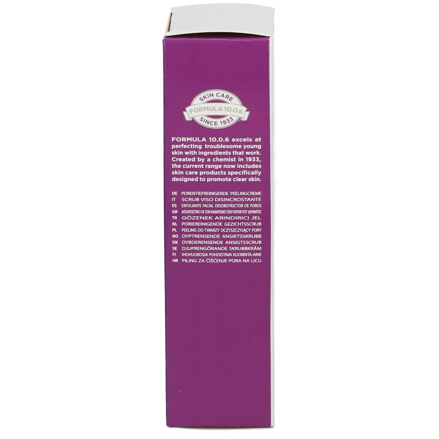 Emballage carton, côté avec informations produit. Marque : FORMULA 10.0.6® One Smooth Operator. Gommage visage.