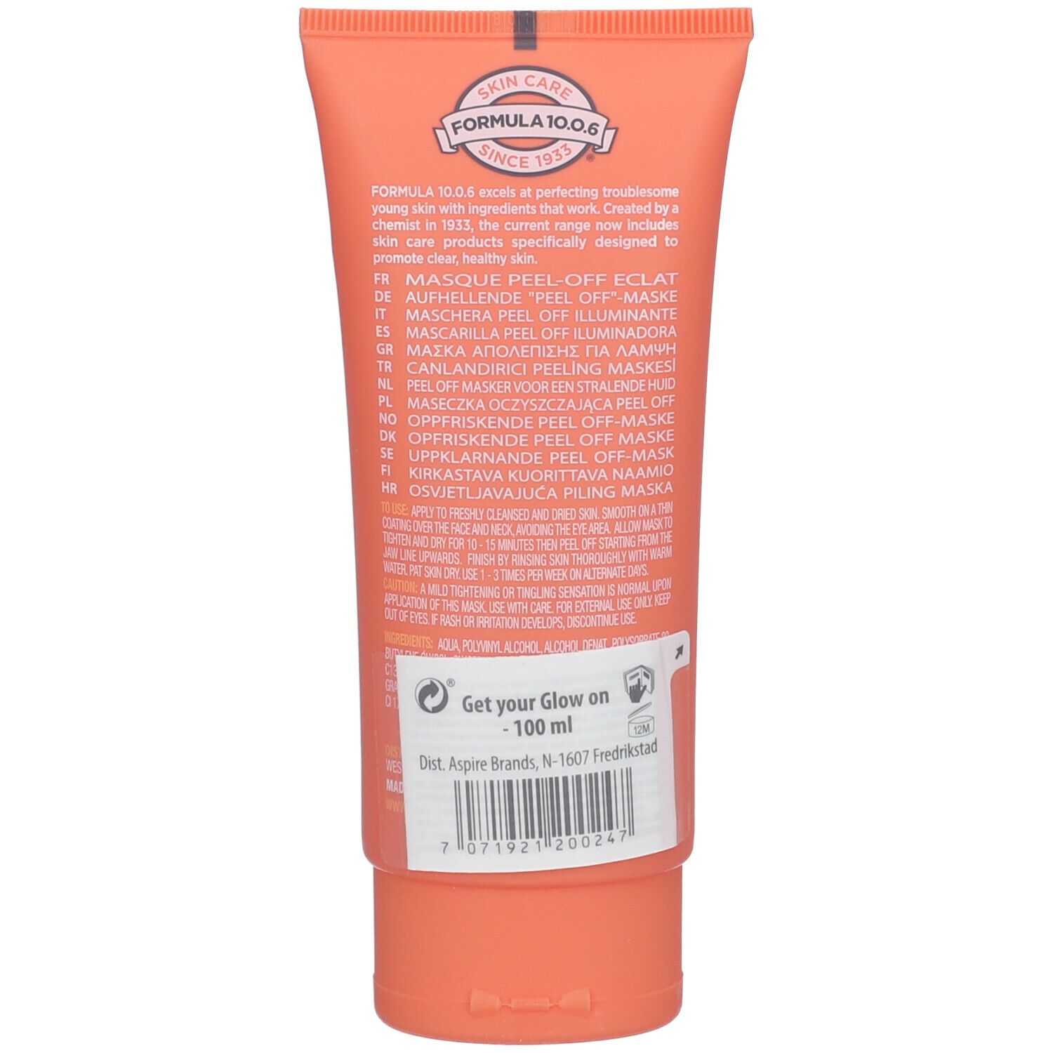 Tube orange avec texte. "Get your Glow on" et "100 ml". Dos avec ingrédients et logo.