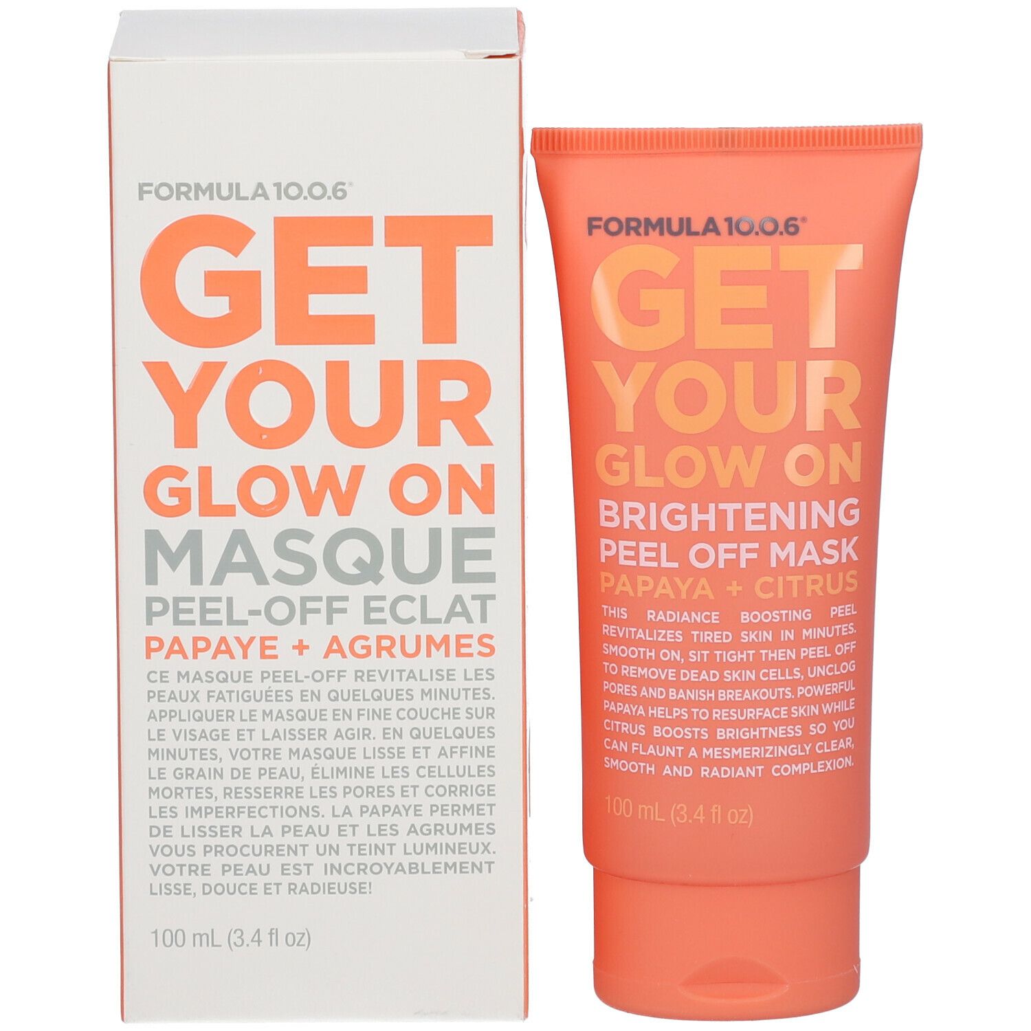 Emballage et tube. Emballage avec texte: "Get Your Glow On Masque". Tube: "Brightening Peel Off Mask".