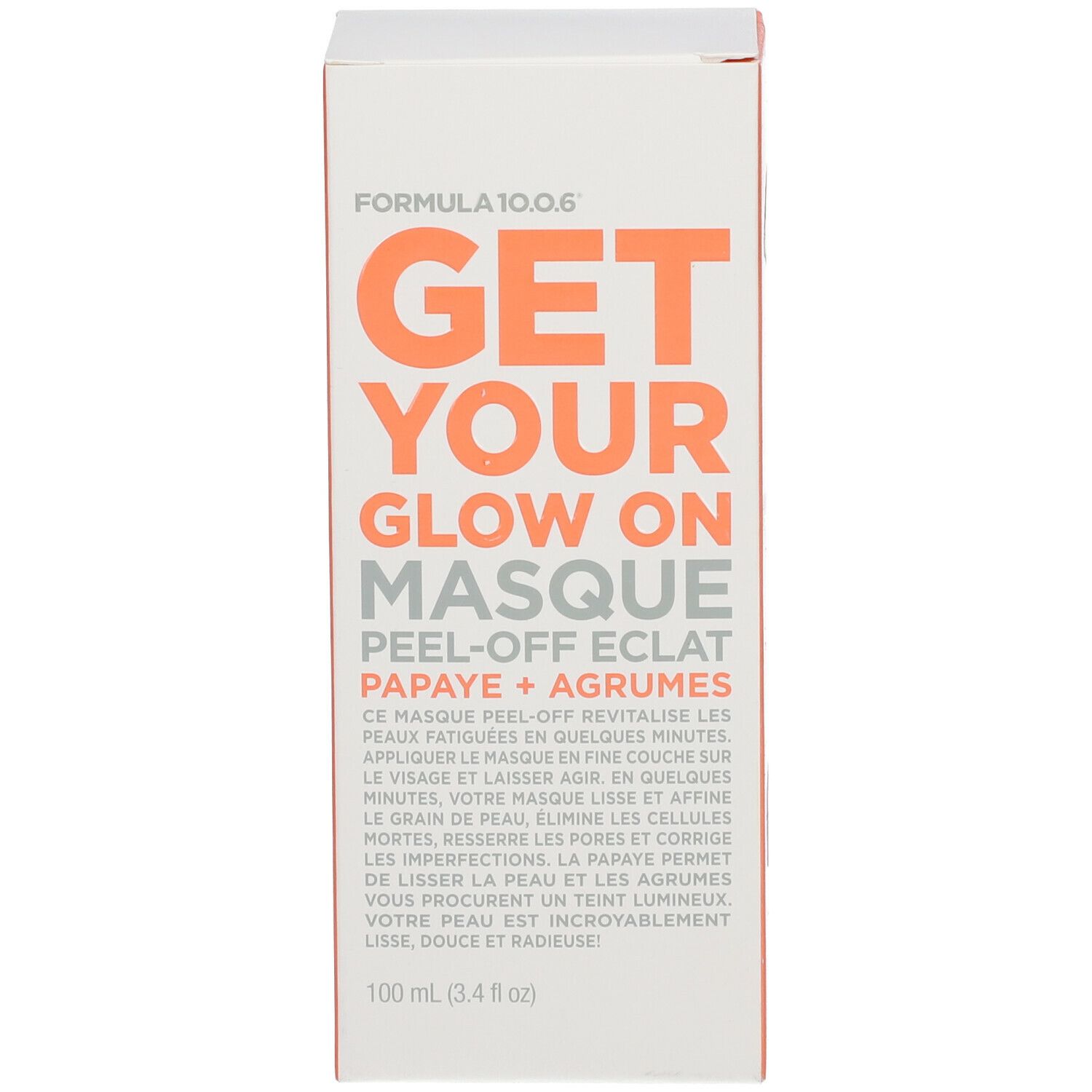 Emballage blanc avec texte orange. "Get Your Glow On Masque". "Peel-Off Eclat Papaye + Agrumes".