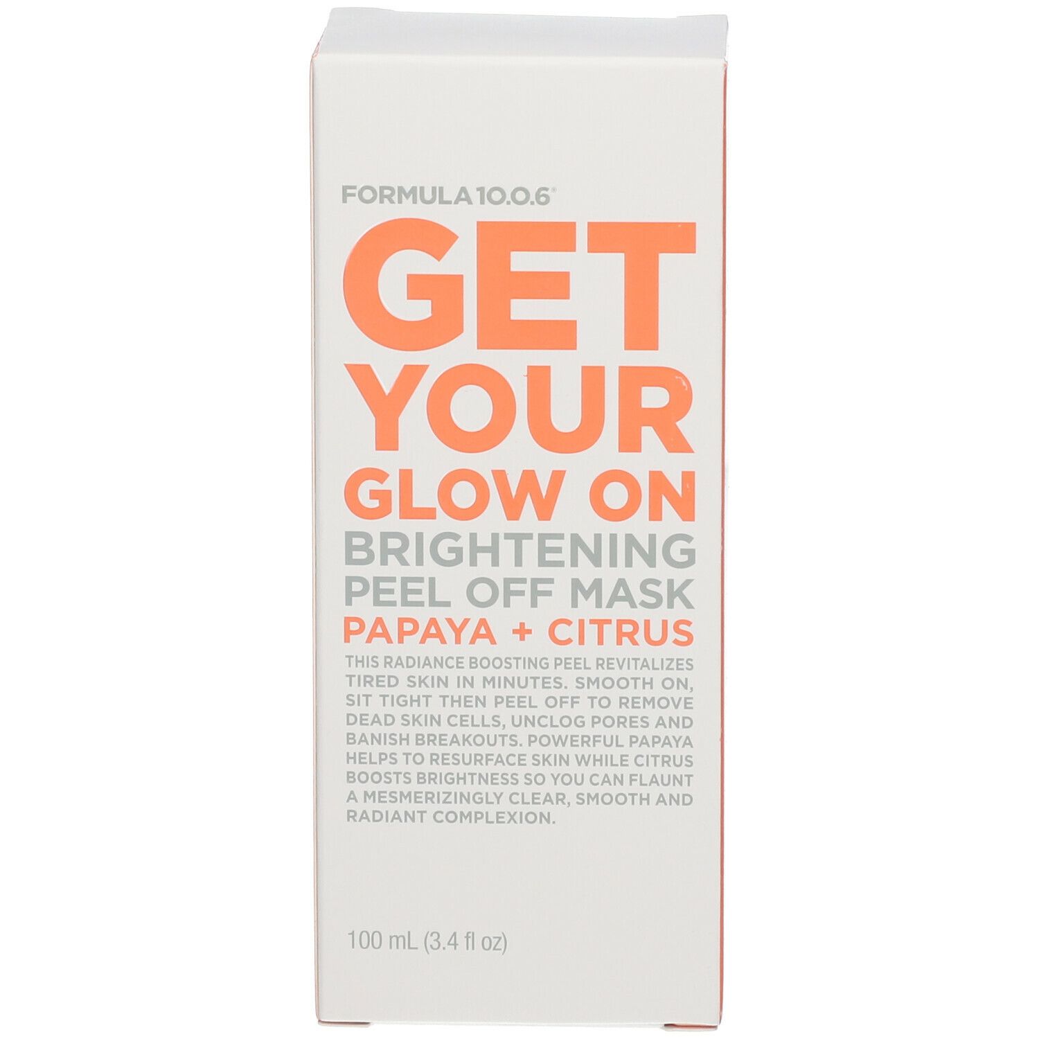 Emballage blanc avec texte orange. "Get Your Glow On Brightening Peel Off Mask". "Papaye + Citrus".