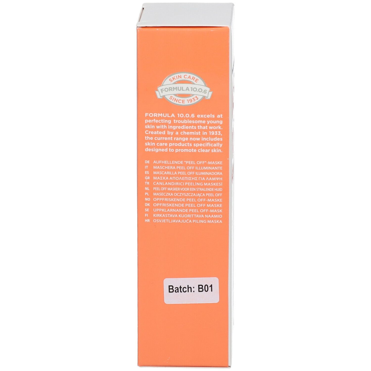 Emballage, vue latérale. Texte avec informations sur le produit et logo. Fond orange. Code de lot.