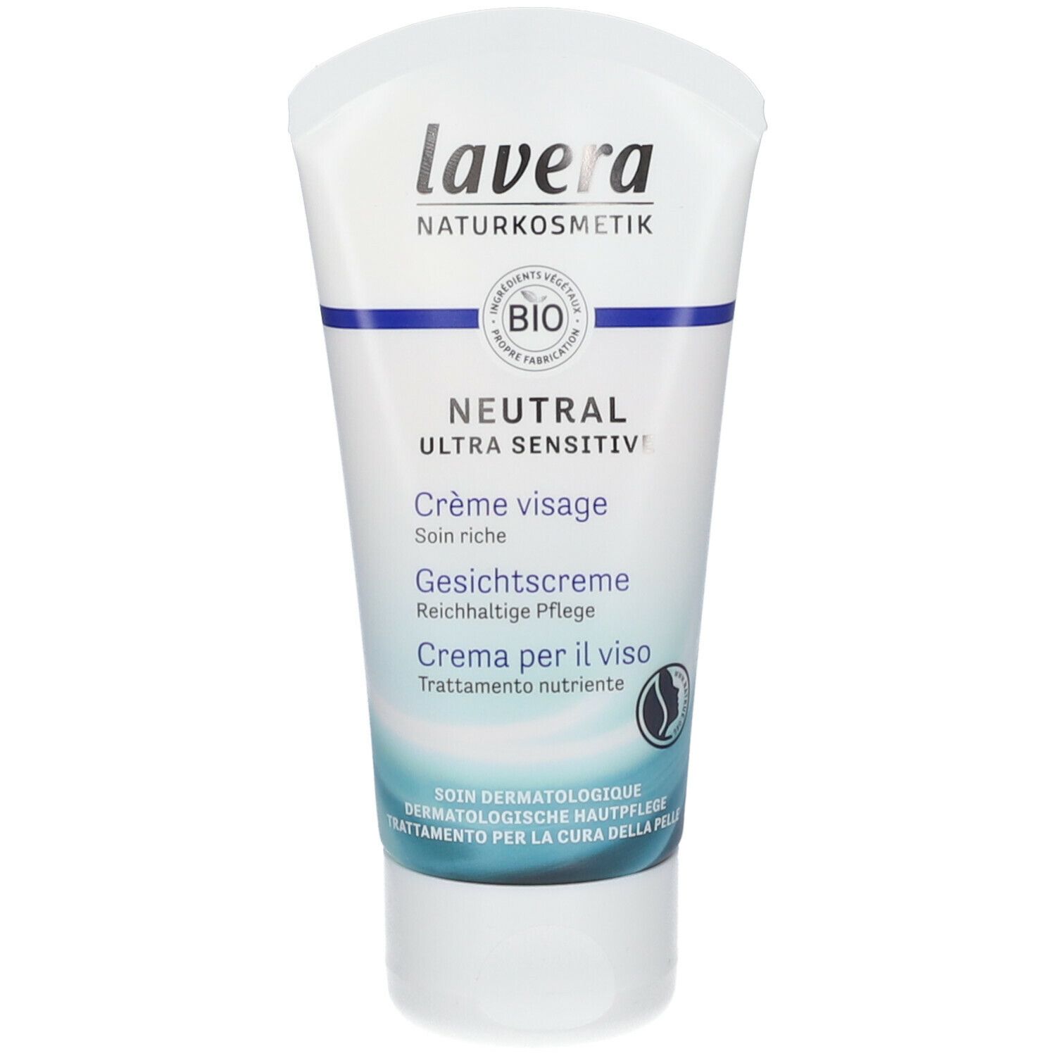 Weiße Tube mit blauer Schrift. "lavera NATURKOSMETIK" und "NEUTRAL ULTRA SENSITIV" stehen darauf. Bio-Siegel.