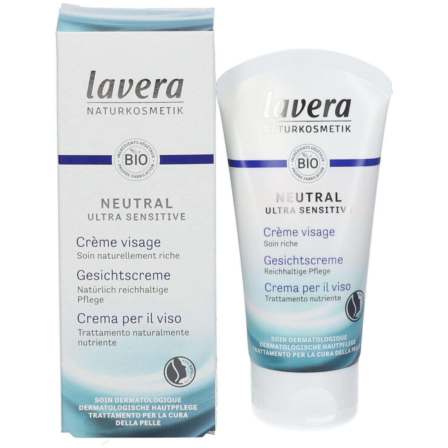 Produktverpackung: Tube und Karton. Tube: weiß, blau. Karton: weiß, blau. Beide mit Produktnamen und Logo.
