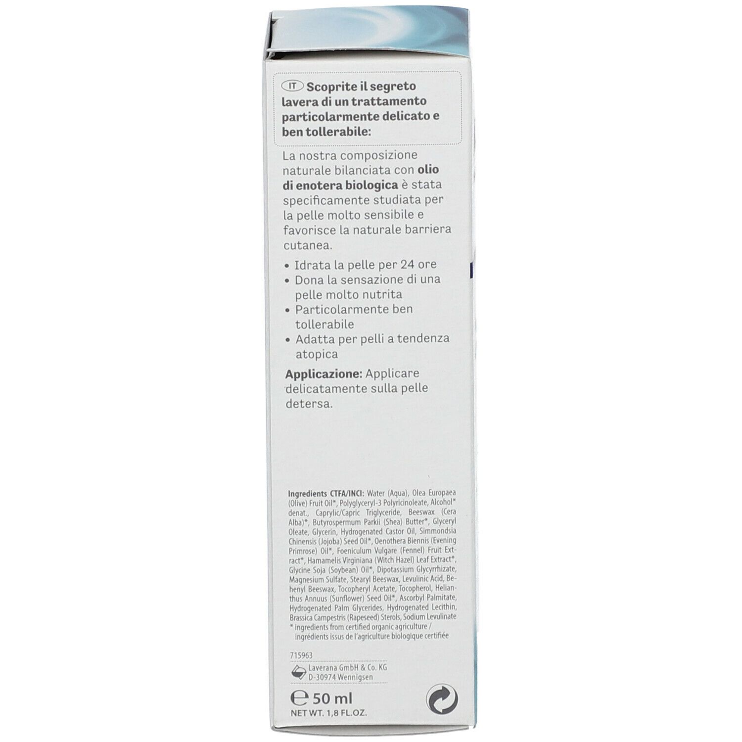 Rückseite der Kartonverpackung. Text in Deutsch und Italienisch. Inhaltsstoffe, Anwendungshinweise und Informationen.