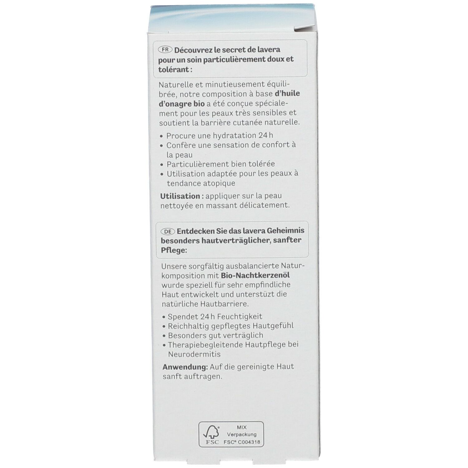 Seite der Kartonverpackung. Text in Deutsch und Französisch. Informationen zur Pflege und Anwendung.
