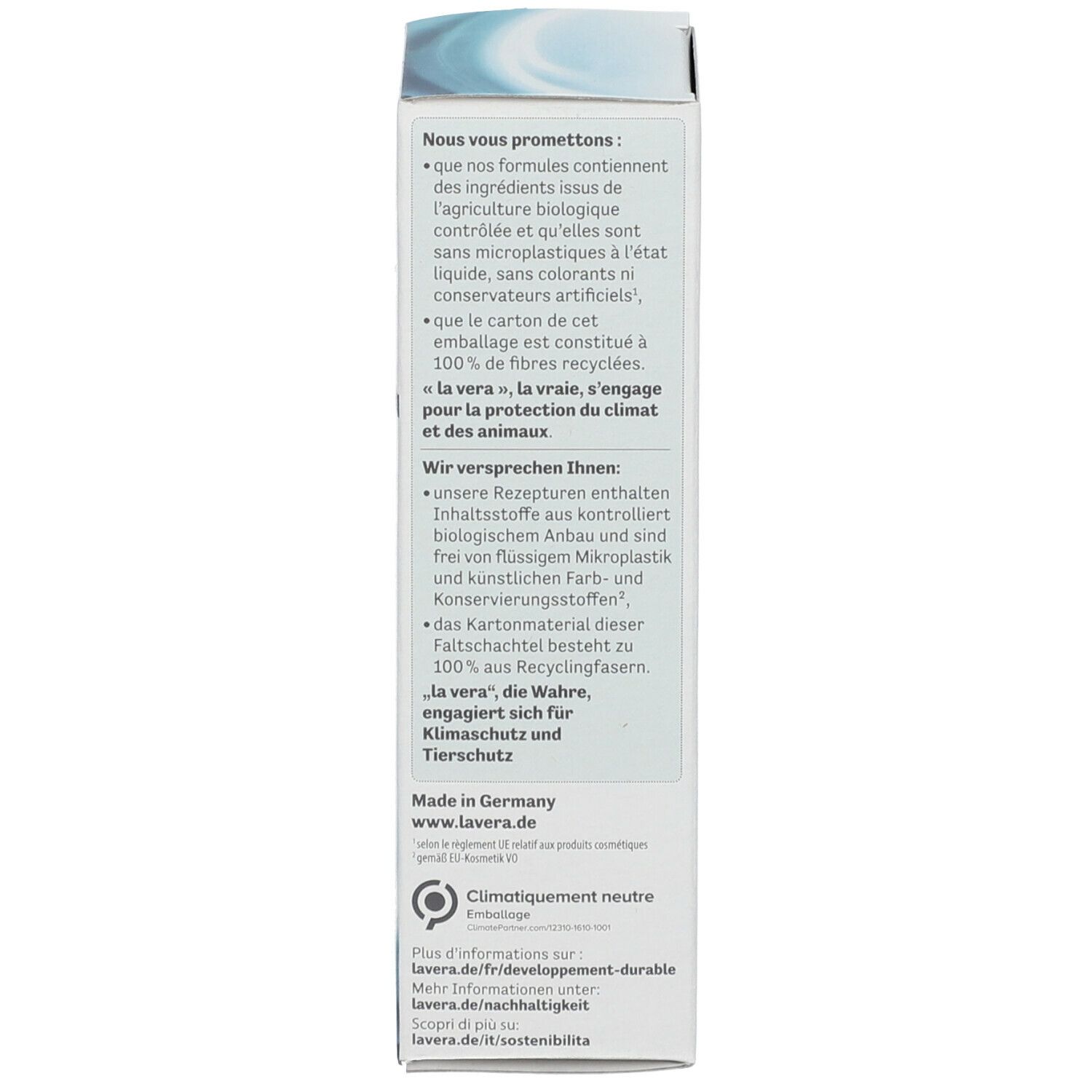 Seite der Kartonverpackung. Text in Deutsch. Informationen zu Inhaltsstoffen, Nachhaltigkeit und Recycling.