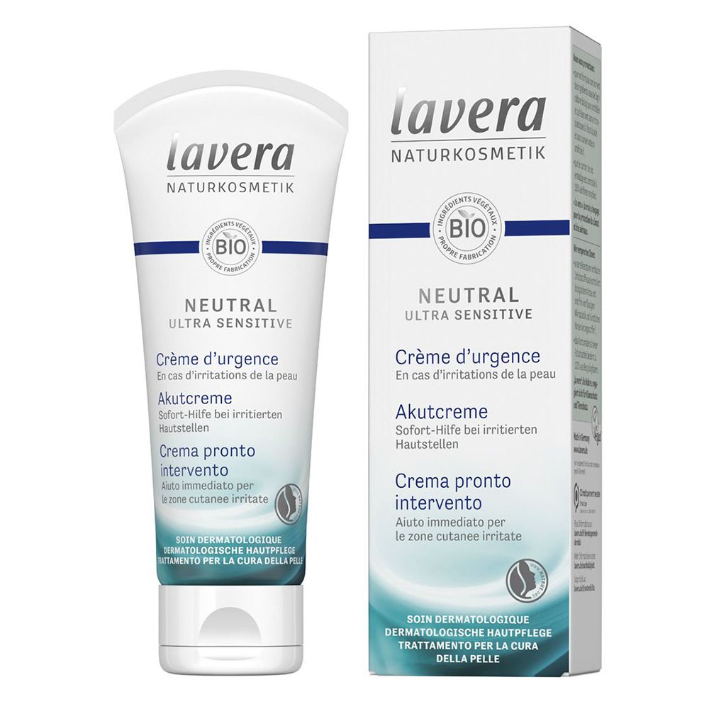 Tube et boîte de crème. Inscription : lavera, Neutral Ultra Sensitive, Crème d'urgence. Label Bio.