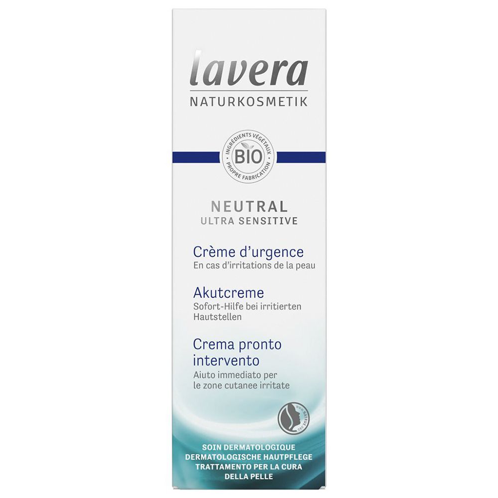 Boîte de crème. Inscription : lavera, Neutral Ultra Sensitive, Crème d'urgence. Label Bio.