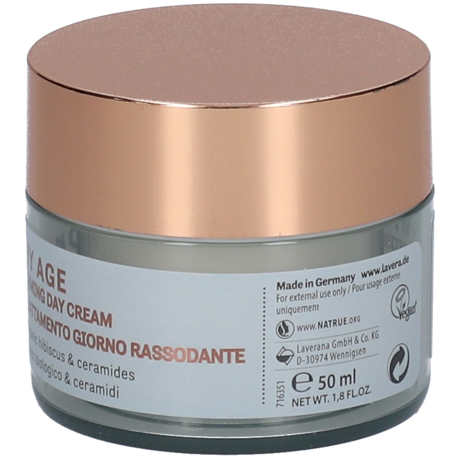 Pot en verre avec couvercle rose. Inscription: MY AGE, Firming Day Cream, Trattamento giorno rassodante. Avec ingrédients. 50 ml.