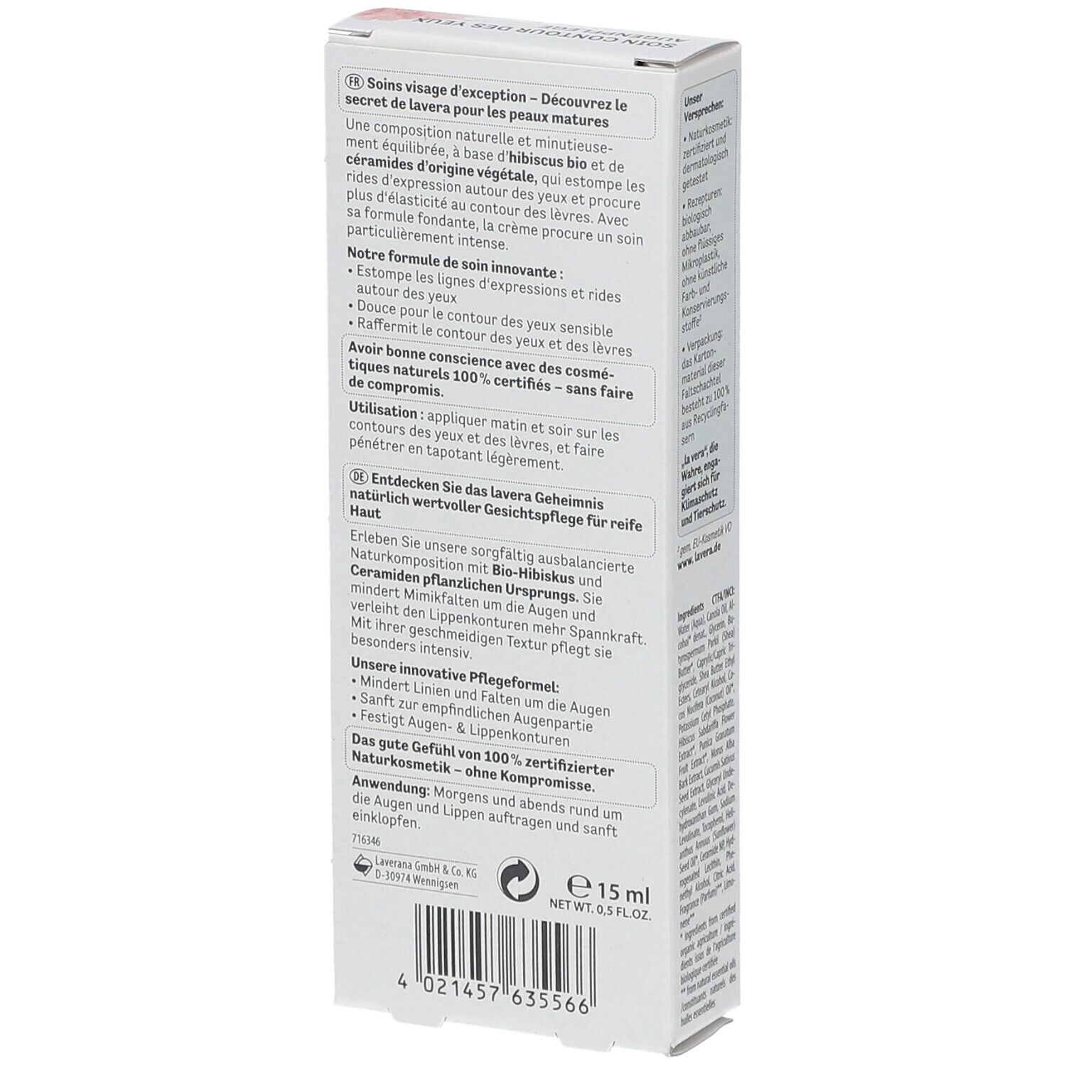 Dos de l'emballage. Texte en français. Contient des informations sur les ingrédients et l'utilisation. 15 ml.