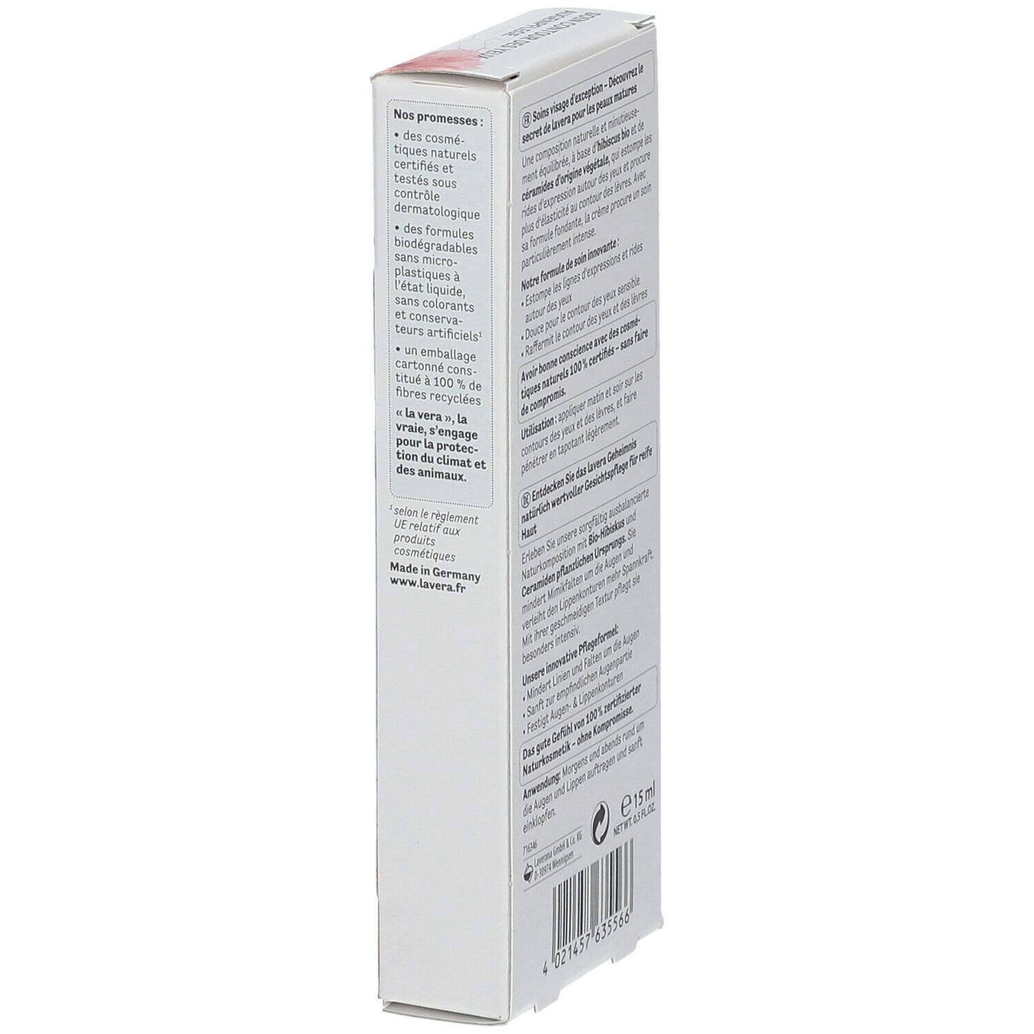 Vue latérale de l'emballage. Texte en français. Contient des informations sur les ingrédients et l'utilisation. 15 ml.