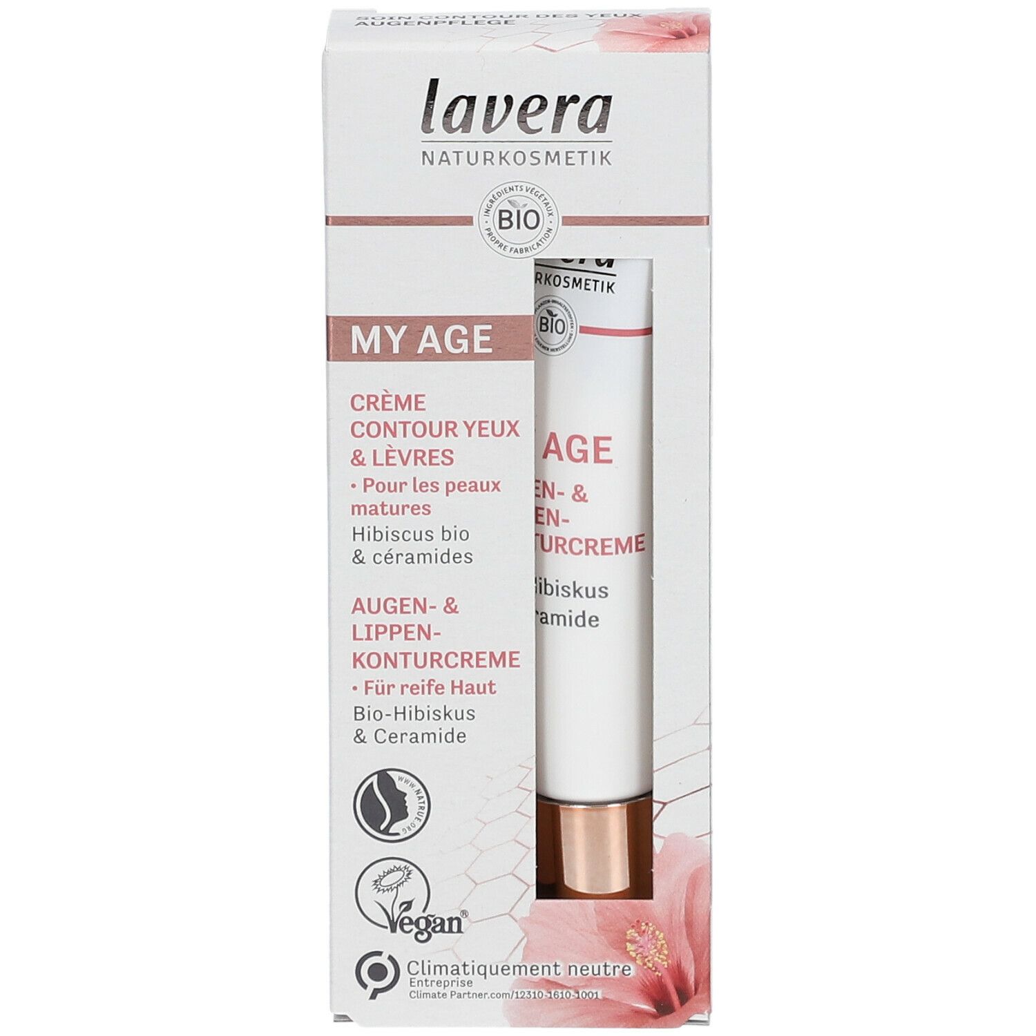 Emballage avec tube. Inscription: MY AGE Crème contour yeux & lèvres. Bio-Hibiscus & céramides. Vegan. Neutre en carbone.