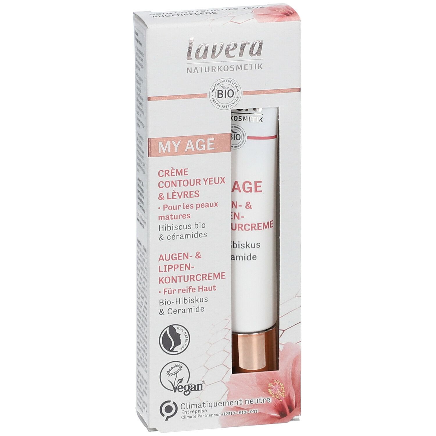 Emballage avec tube. Inscription: MY AGE Crème contour yeux & lèvres. Bio-Hibiscus & céramides. Vegan. Neutre en carbone.