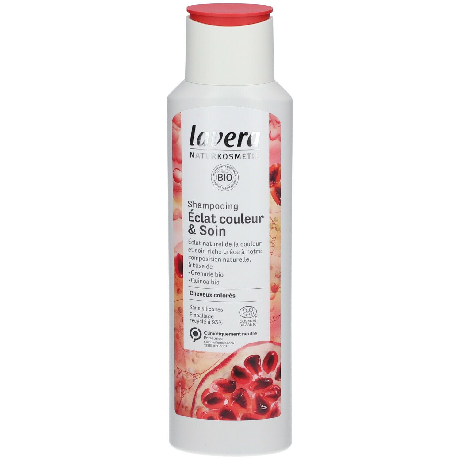 Weißes Shampoo mit rotem Deckel. Etikett mit Produktnamen, Granatapfel-Illustration und Bio-Siegel.