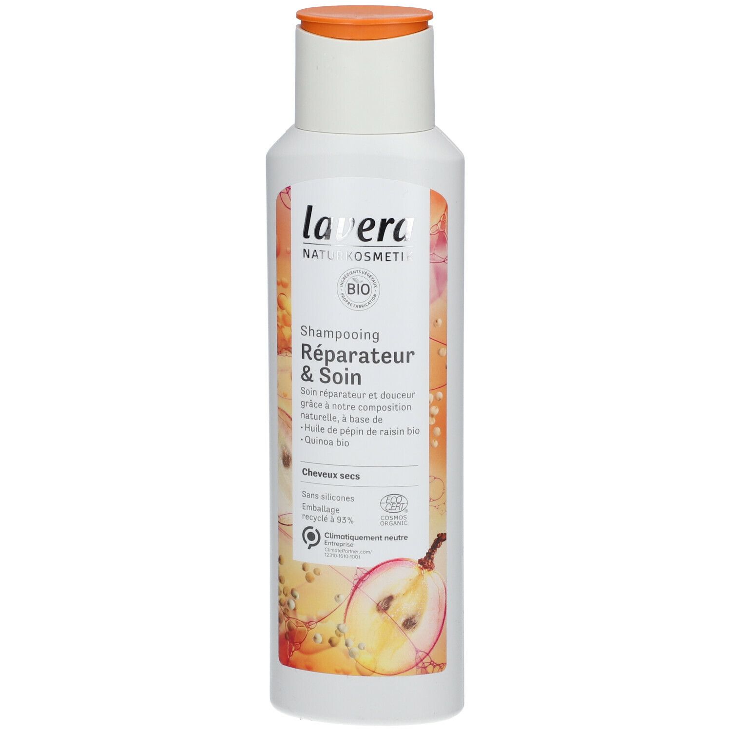 Flacon blanc avec bouchon orange. Inscription: lavera Naturkosmetik, Shampoo Réparateur & Soin. Label Bio, illustration de pomme.