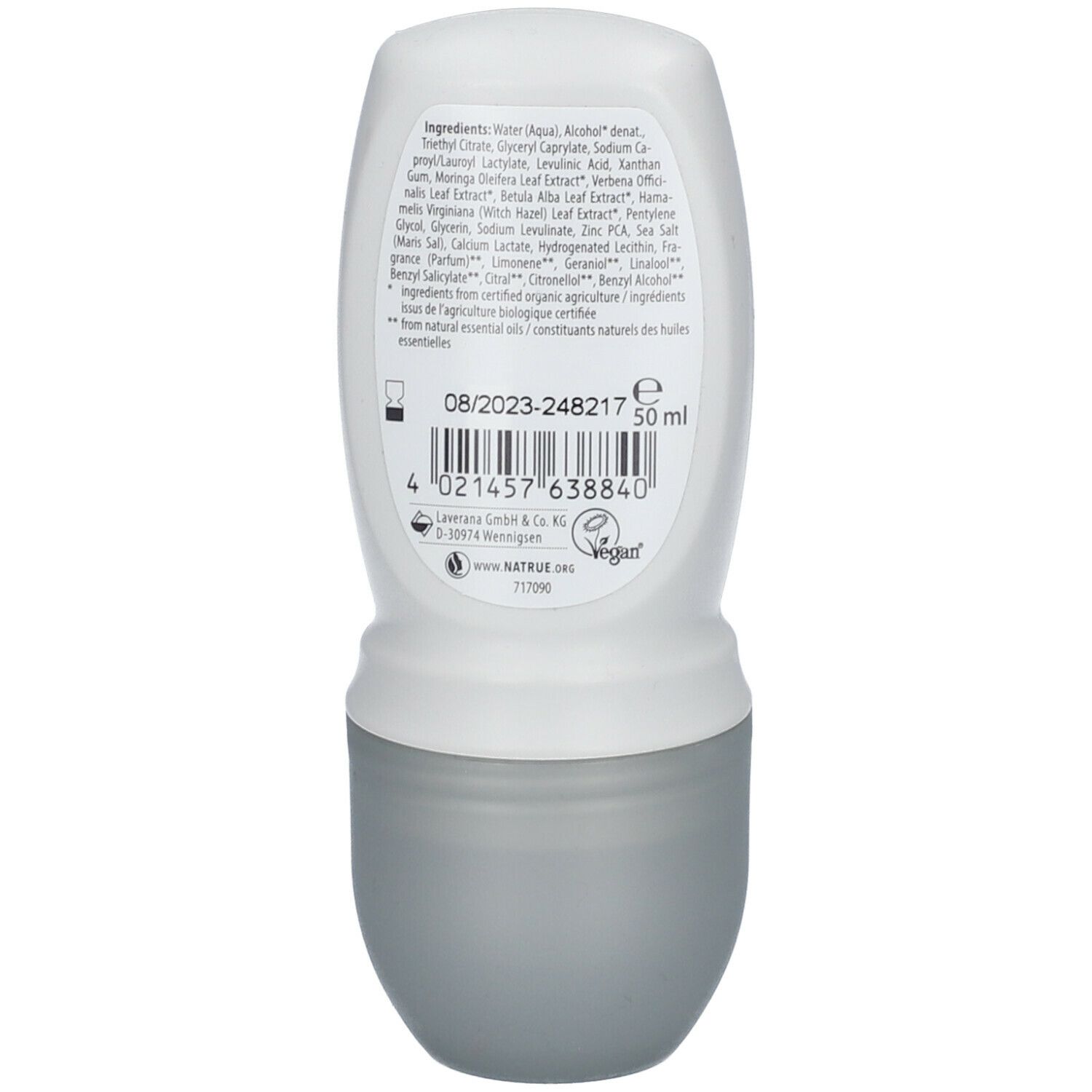 Dos du roll-on Lavera. Contient ingrédients, code-barres, volume 50 ml, label Vegan.
