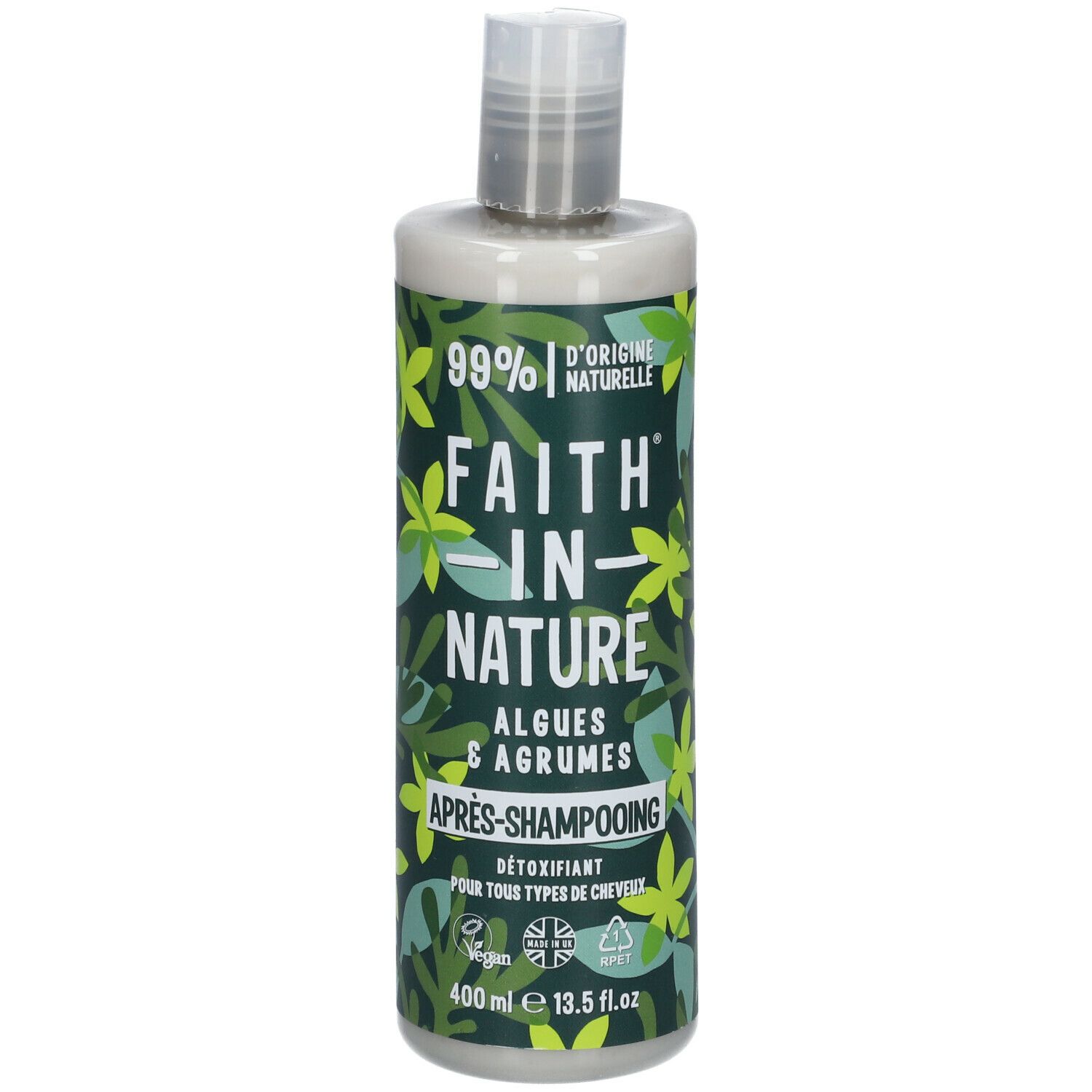 Flasche mit grünem Etikett. Aufschrift: FAITH IN NATURE, Algen & Agrumes, Après-shampooing. Vegan-Siegel.