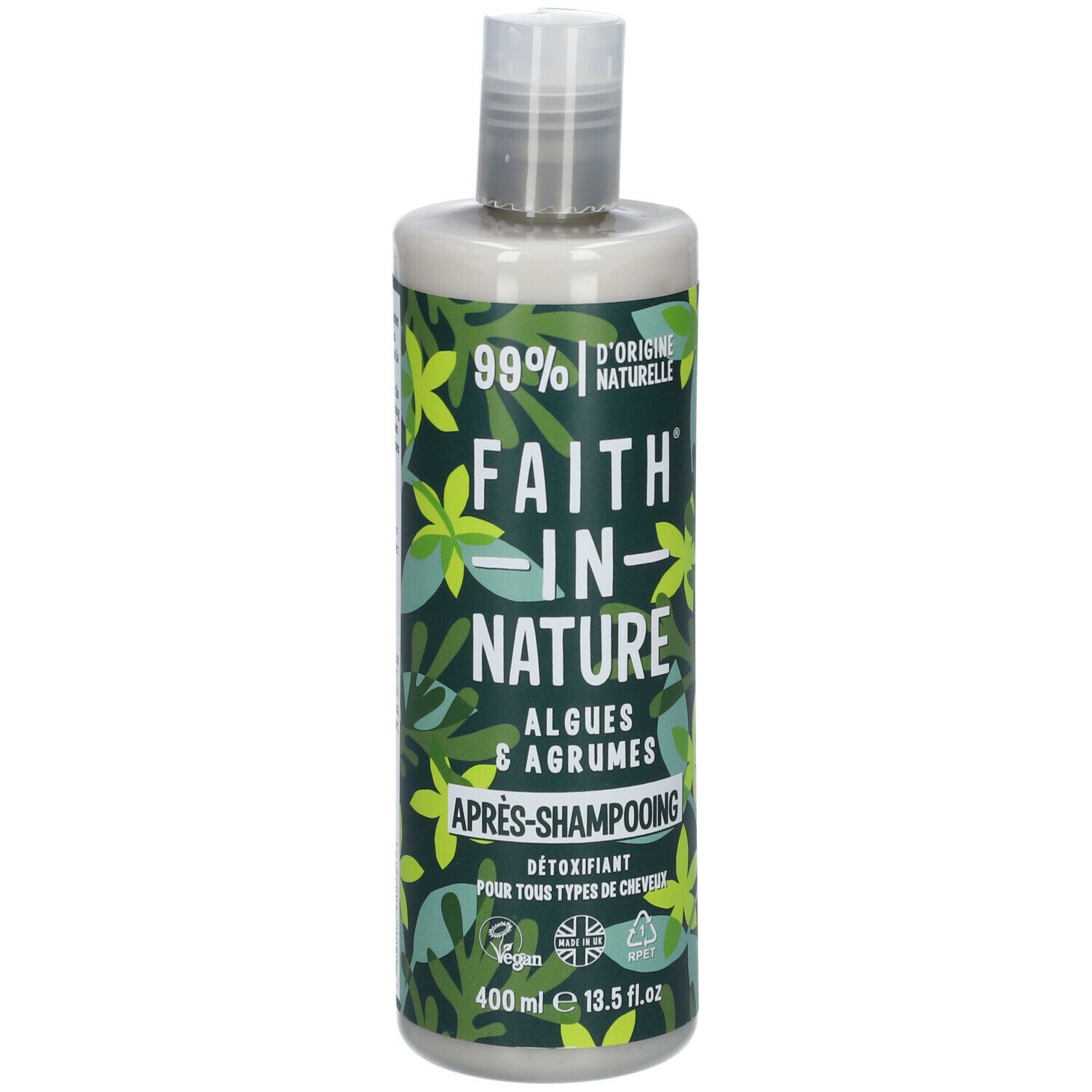 Flasche mit grünem Etikett. Aufschrift: FAITH IN NATURE, Algen & Agrumes, Après-shampooing. Vegan-Siegel.