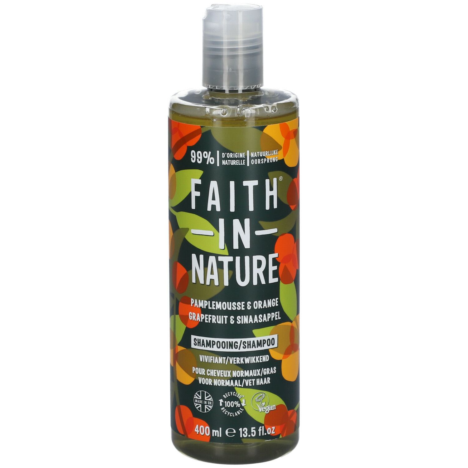 Flacon de shampooing FAITH IN NATURE. Inscription : Pamplemousse & Orange. 400 ml. Label végétalien.