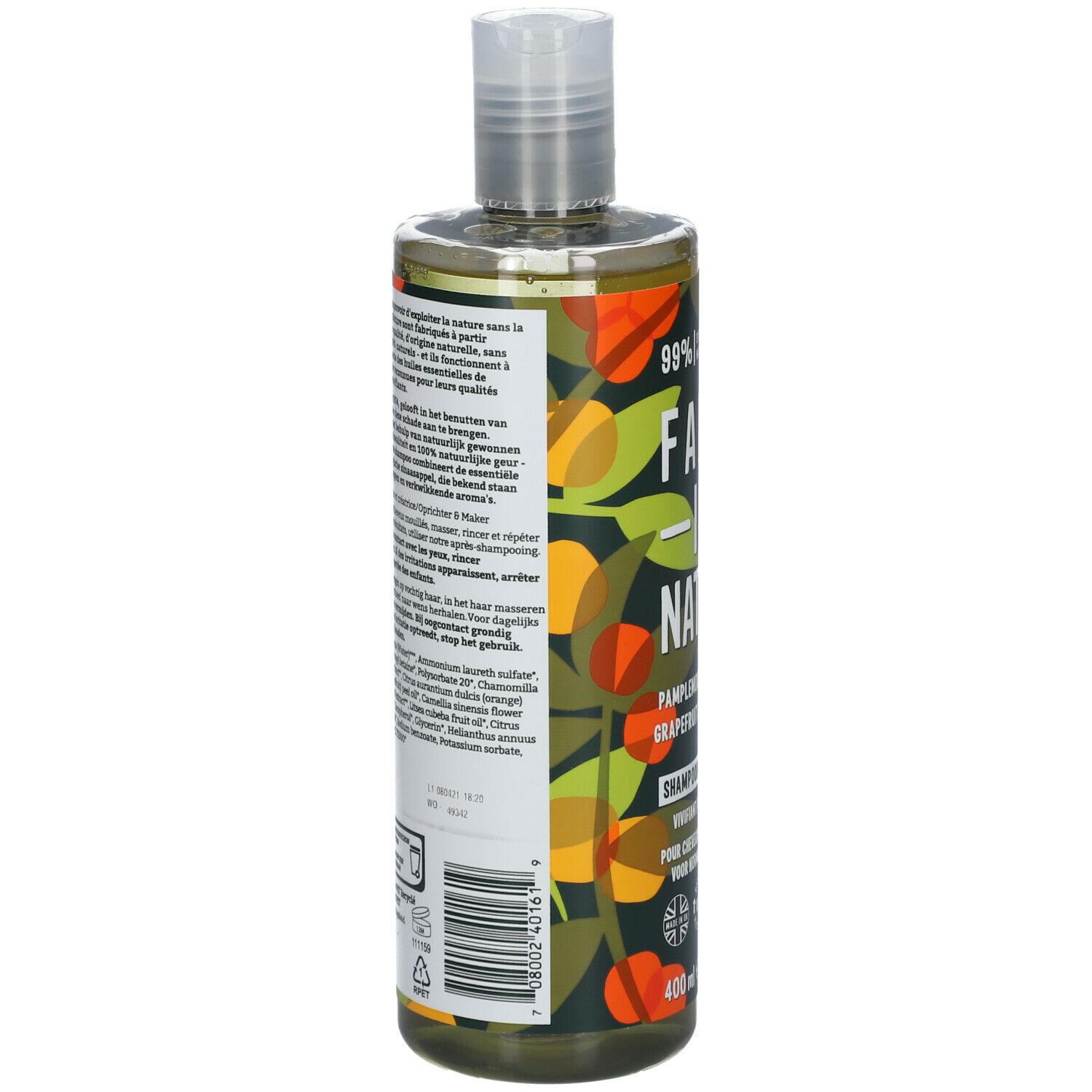 Dos du flacon de shampooing. Texte multilingue. 400 ml. Label végétalien. Ingrédients.
