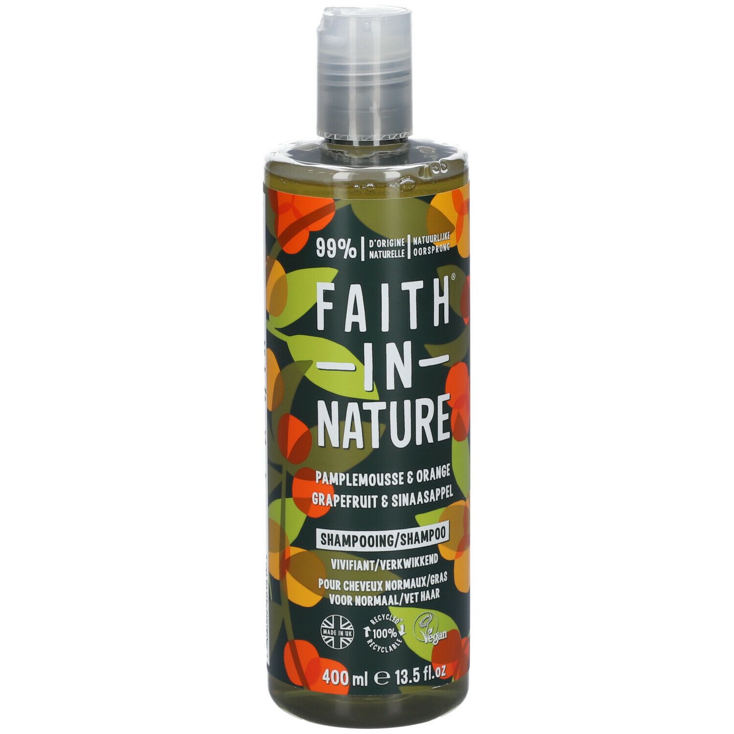 Flacon de shampooing FAITH IN NATURE. Inscription : Pamplemousse & Orange. 400 ml. Label végétalien.