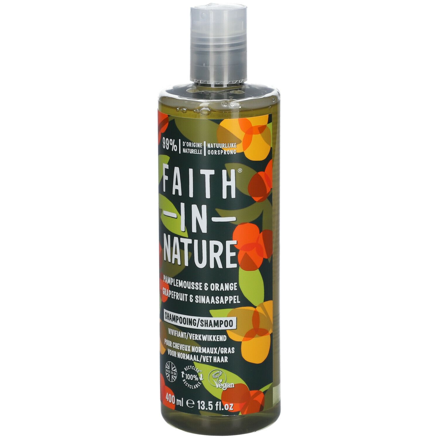 Flacon de shampooing FAITH IN NATURE. Inscription : Pamplemousse & Orange. 400 ml. Label végétalien.