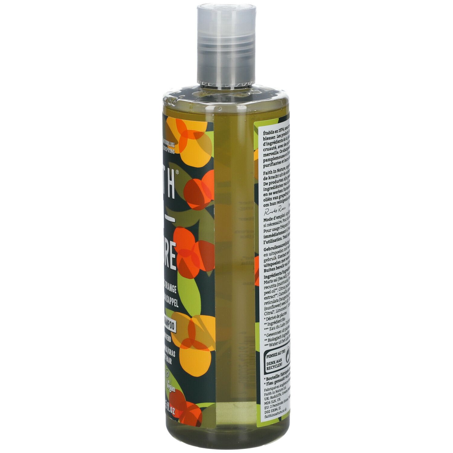 Dos du flacon de shampooing. Texte multilingue. 400 ml. Label végétalien. Ingrédients.