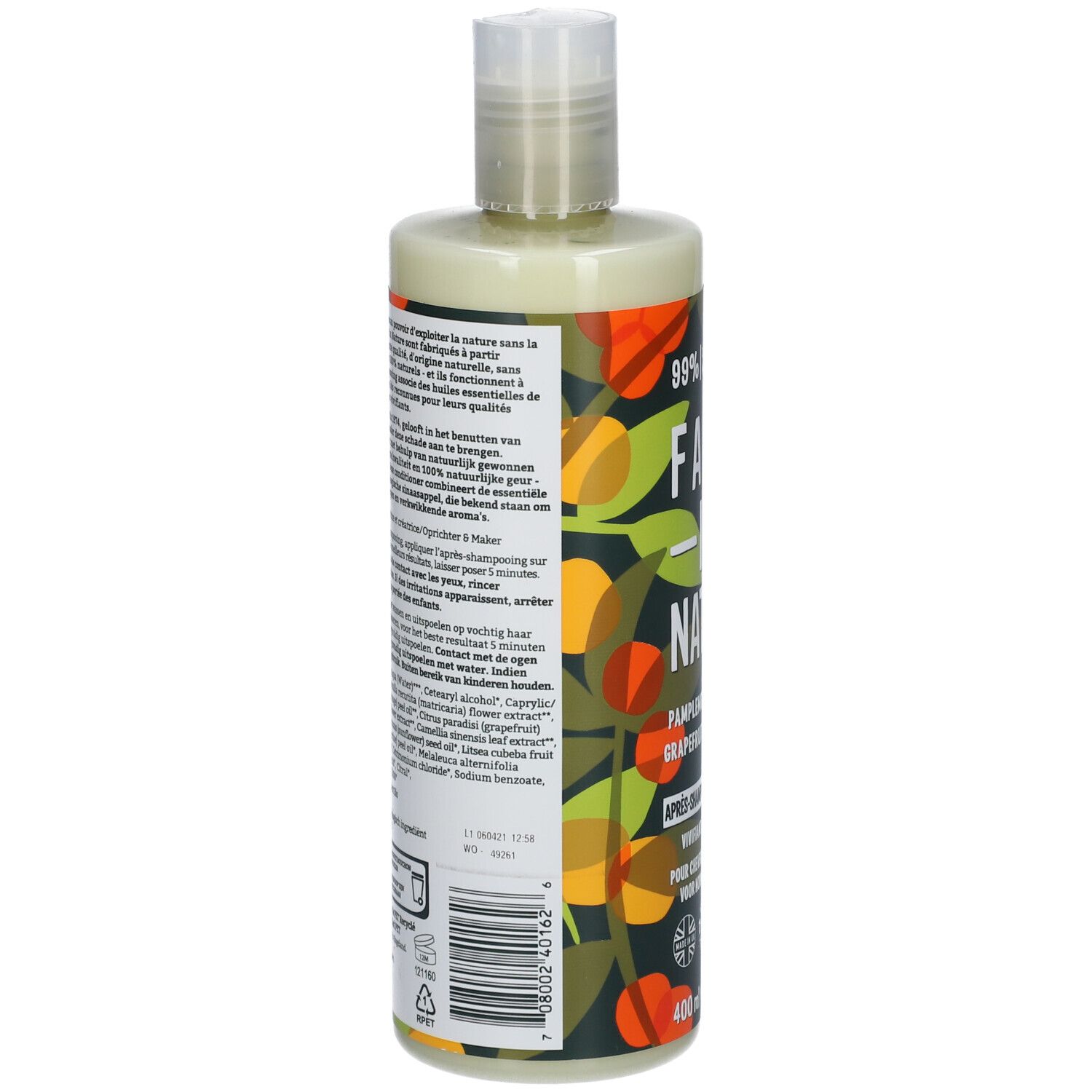 Rückseite der Conditioner-Flasche. FAITH IN NATURE. Inhaltsstoffe und Anweisungen. 400 ml. 99% natürlichen Ursprungs.