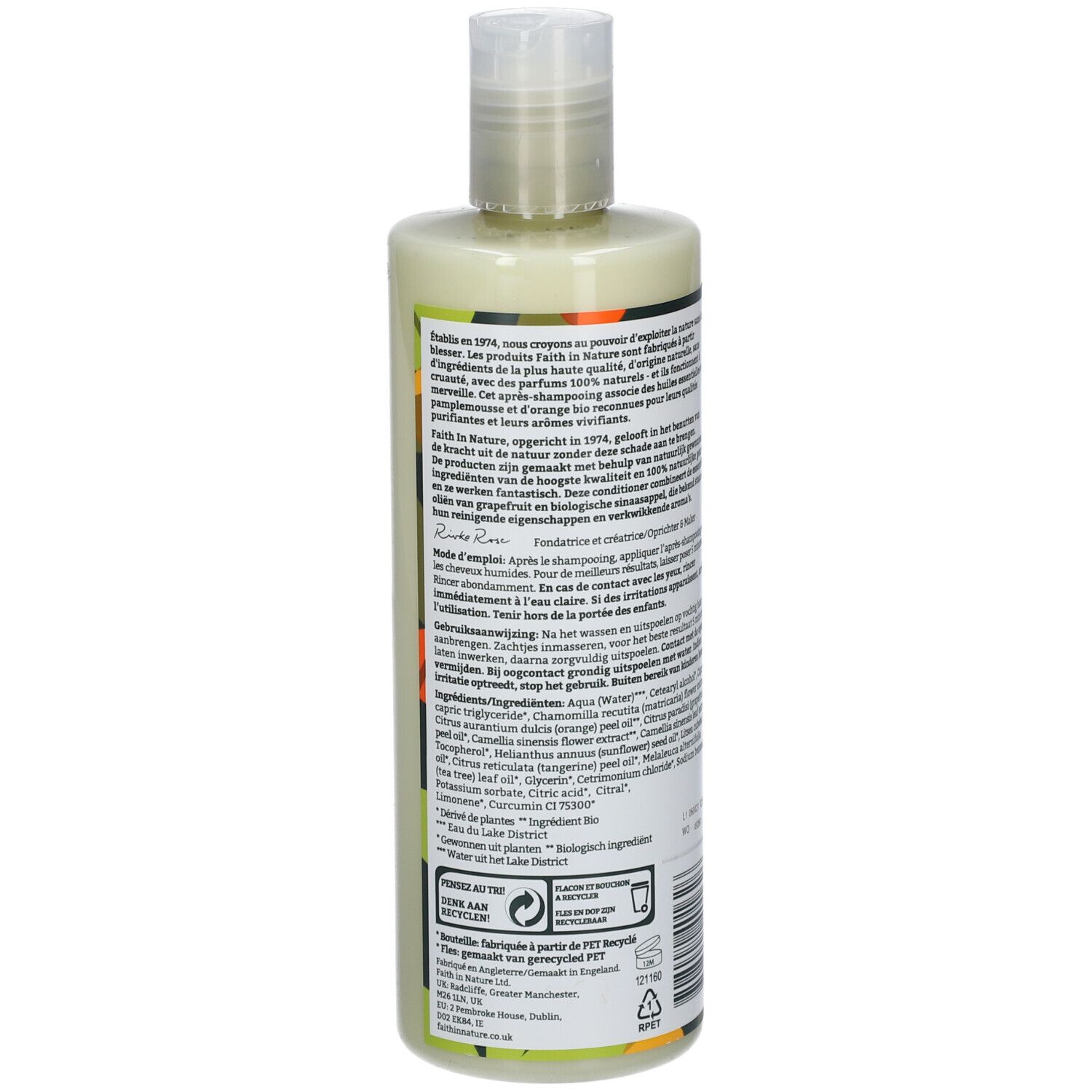 Rückseite der Conditioner-Flasche. FAITH IN NATURE. Inhaltsstoffe und Anweisungen. 400 ml. 99% natürlichen Ursprungs.