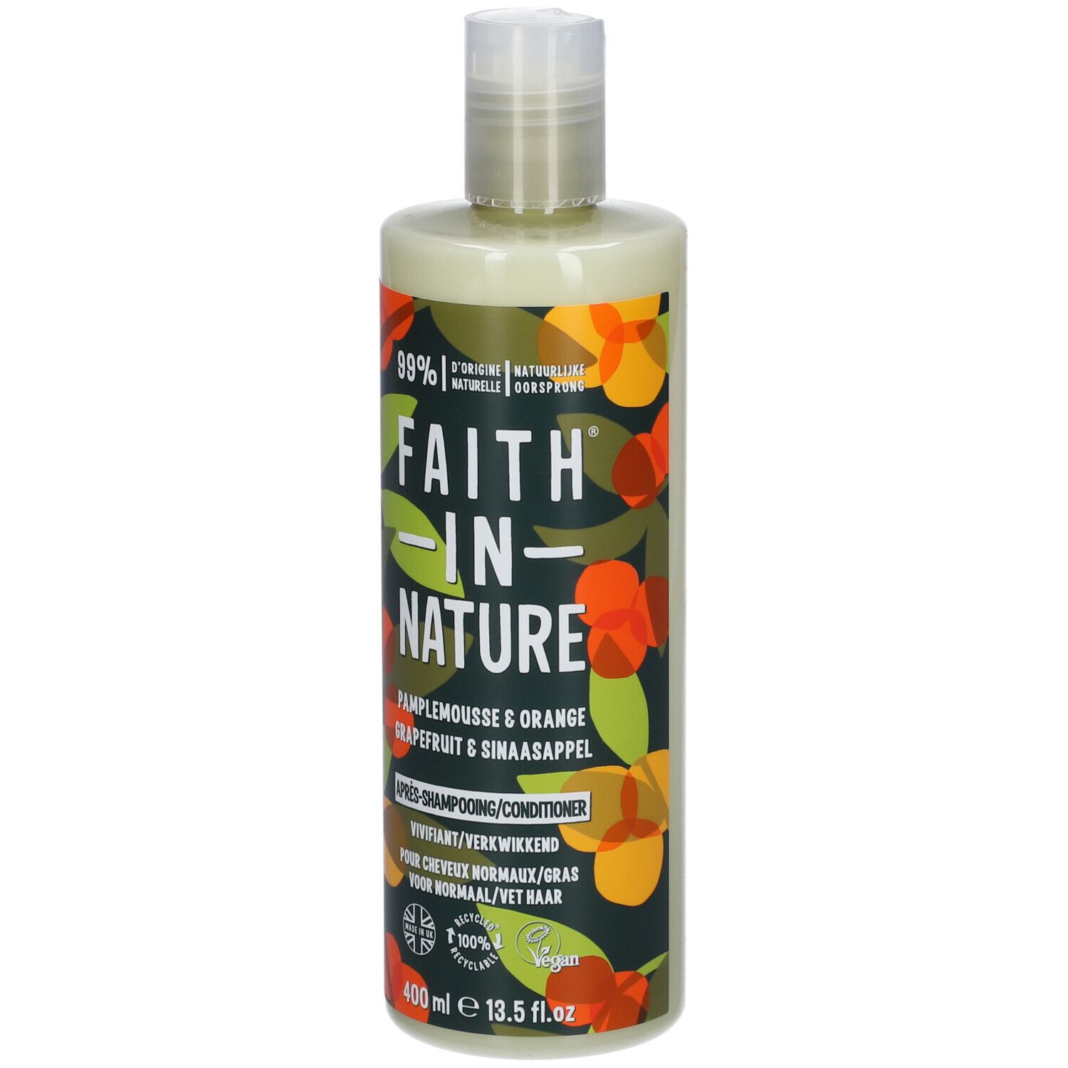 Flasche Conditioner. FAITH IN NATURE. Grapefruit & Orange. 400 ml. Für normales/fettiges Haar. 99% natürlichen Ursprungs.