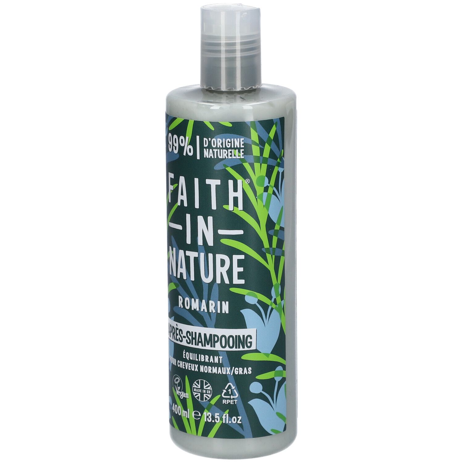 Flasche mit grünem Etikett. Aufschrift: FAITH IN NATURE, Rosmarin, Après-Shampooing. Vegan-Siegel.