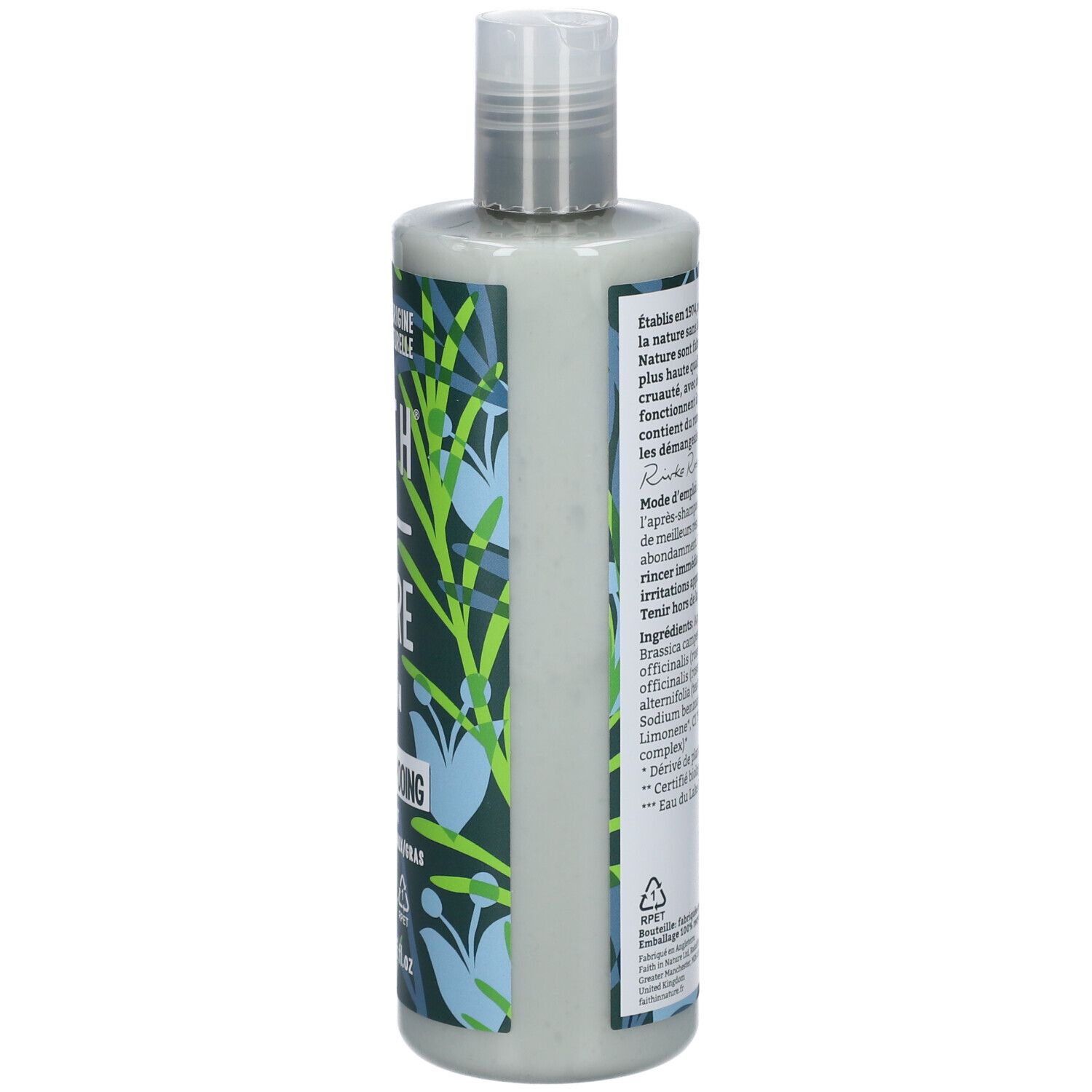 Rückseite der Flasche. Text mit Informationen über das Produkt und Inhaltsstoffe. Vegan-Siegel.