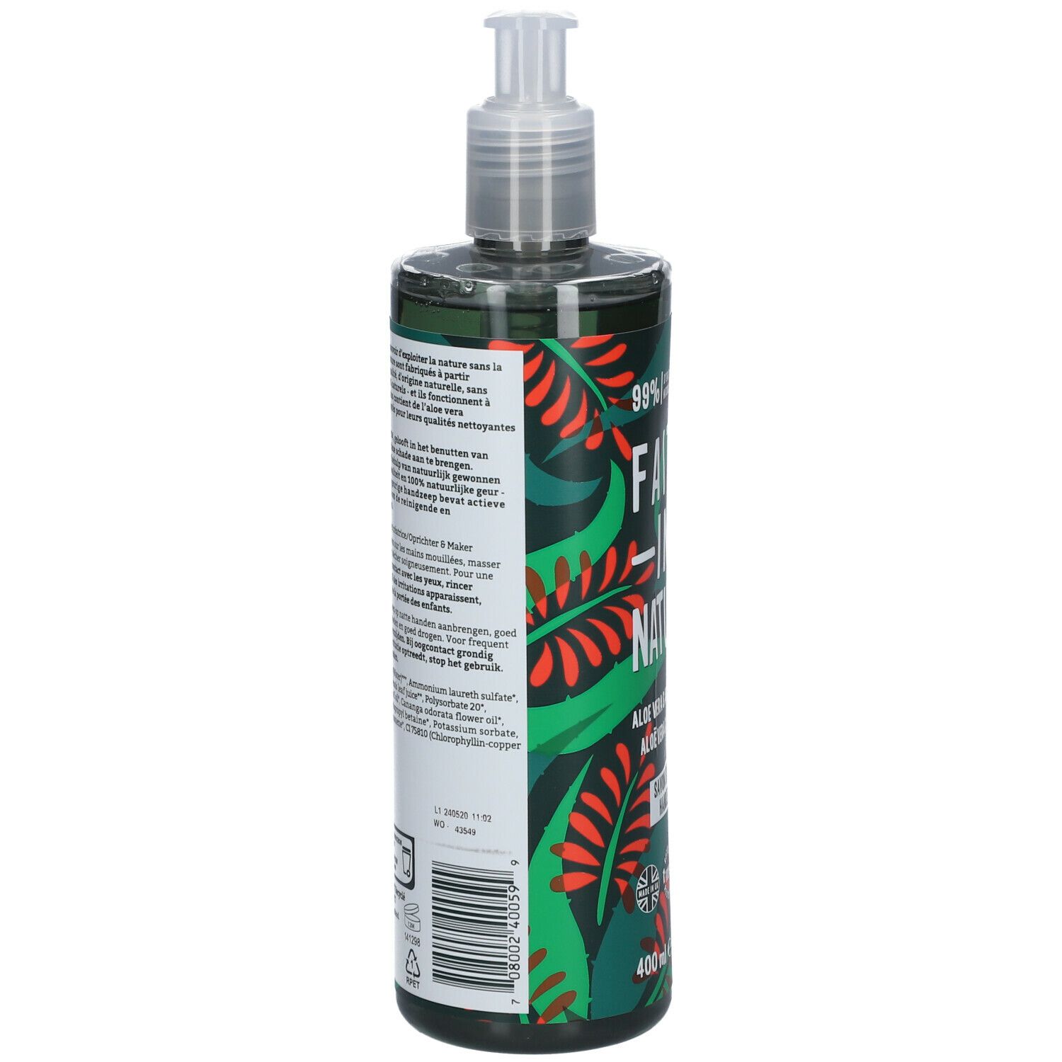 Bouteille verte à motifs floraux. Texte : Faith in Nature, Aloe Vera & Tea Tree. Dos avec texte et code-barres. 400ml.