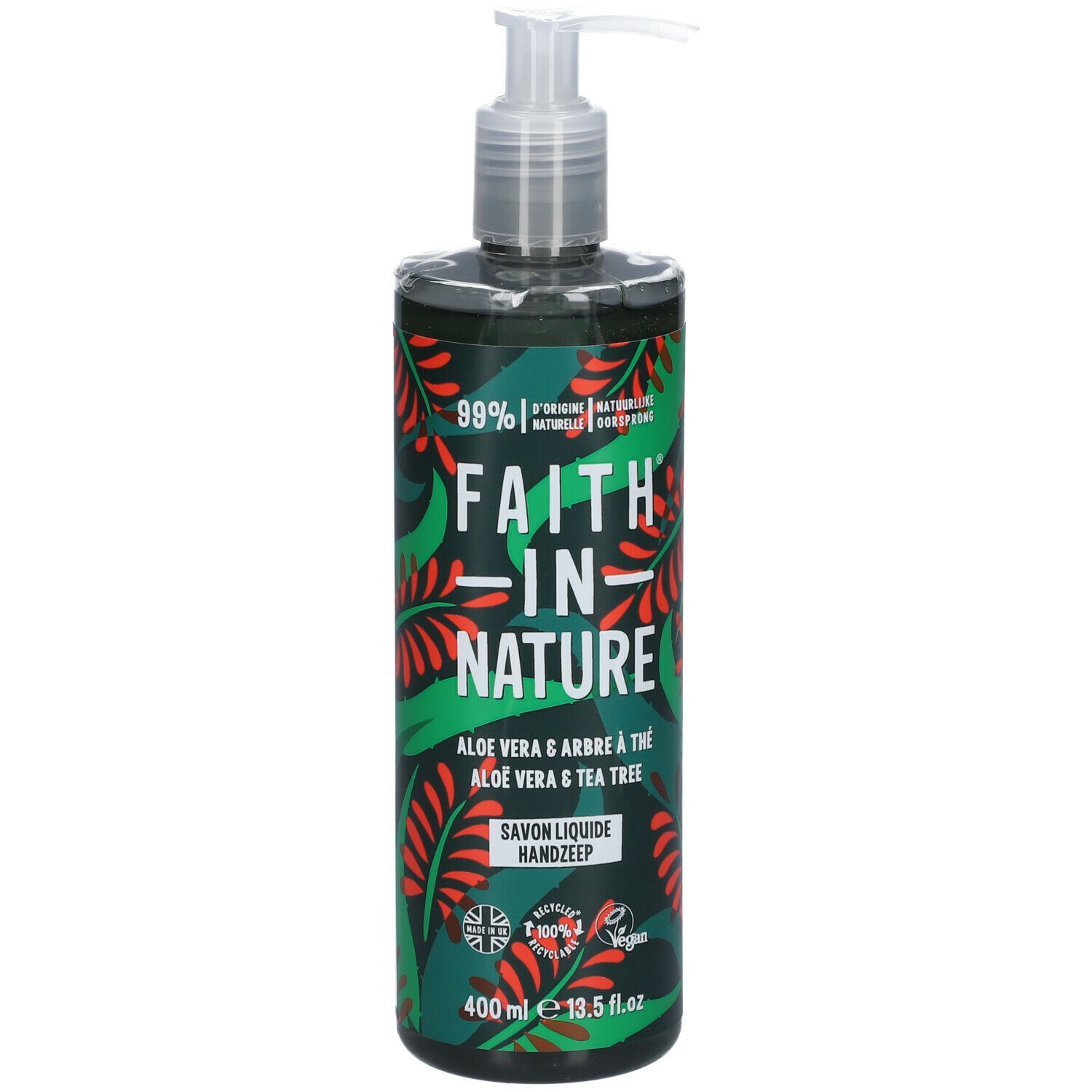Savon liquide avec pompe. Bouteille verte à motifs floraux. Texte : Faith in Nature, Aloe Vera & Tea Tree, 400ml.