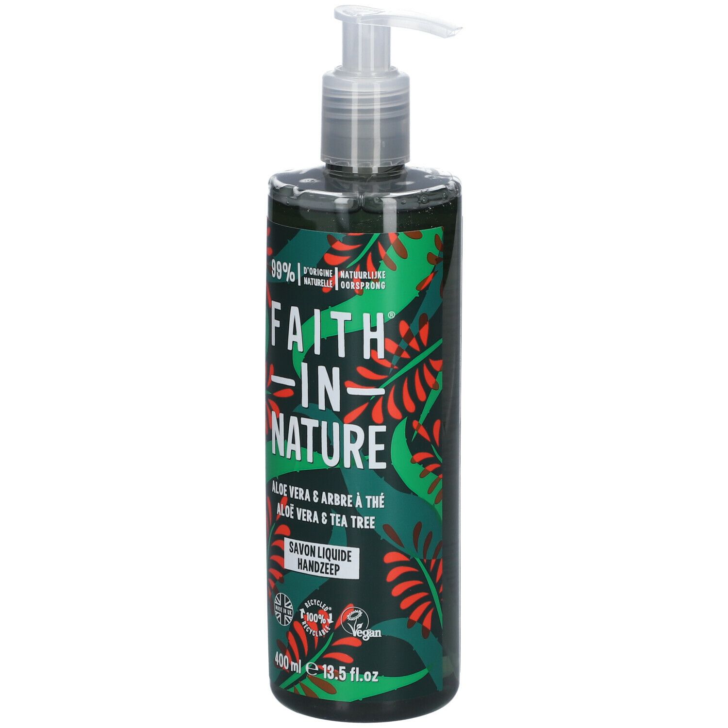 Savon liquide avec pompe. Bouteille verte à motifs floraux. Texte : Faith in Nature, Aloe Vera & Tea Tree, 400ml.