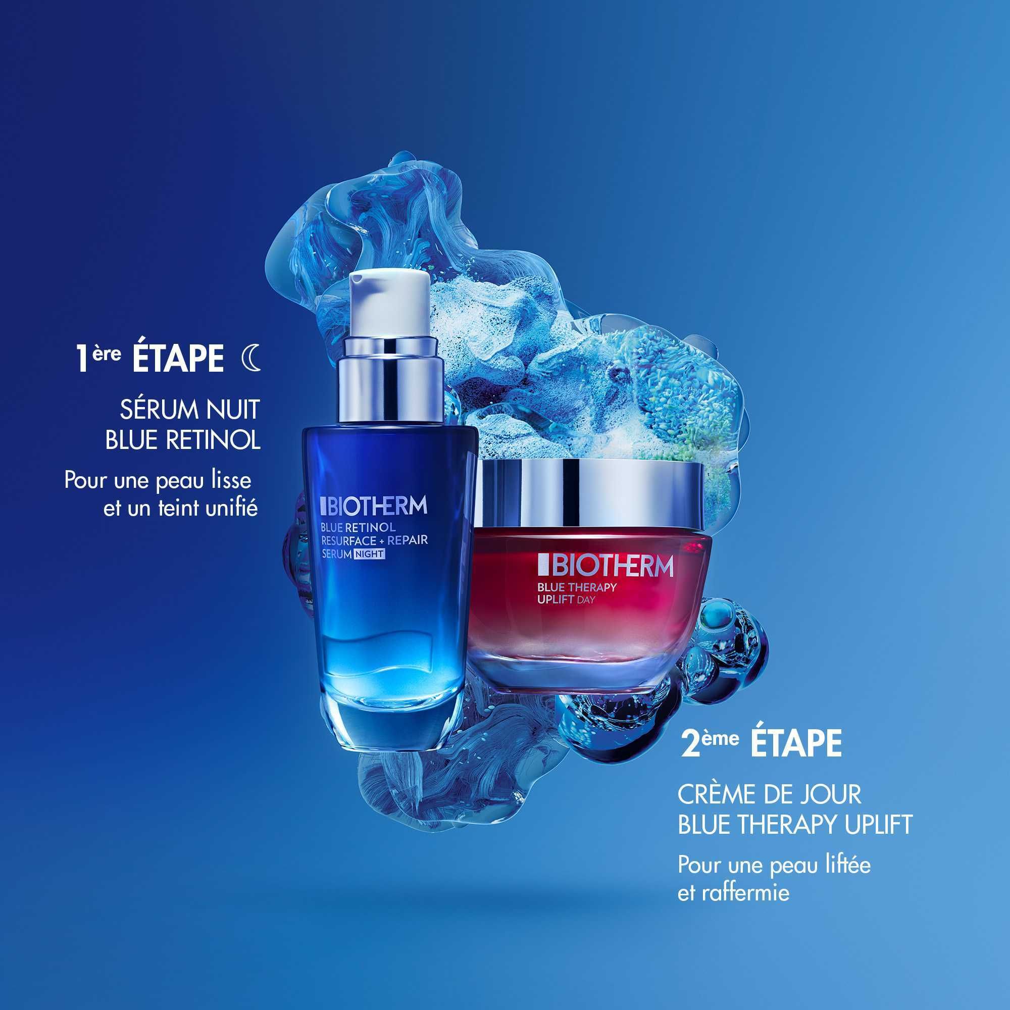Blaue und rote Flakons. BIOTHERM BLUE RETINOL Serum und BLUE THERAPY UPLIFT DAY Creme.