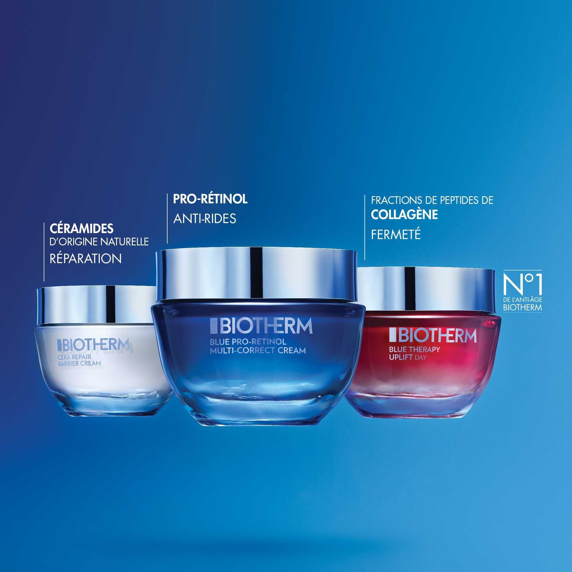 Drei Tiegel. BIOTHERM-Cremes: weiß, blau, rot. Text: Nr. 1.