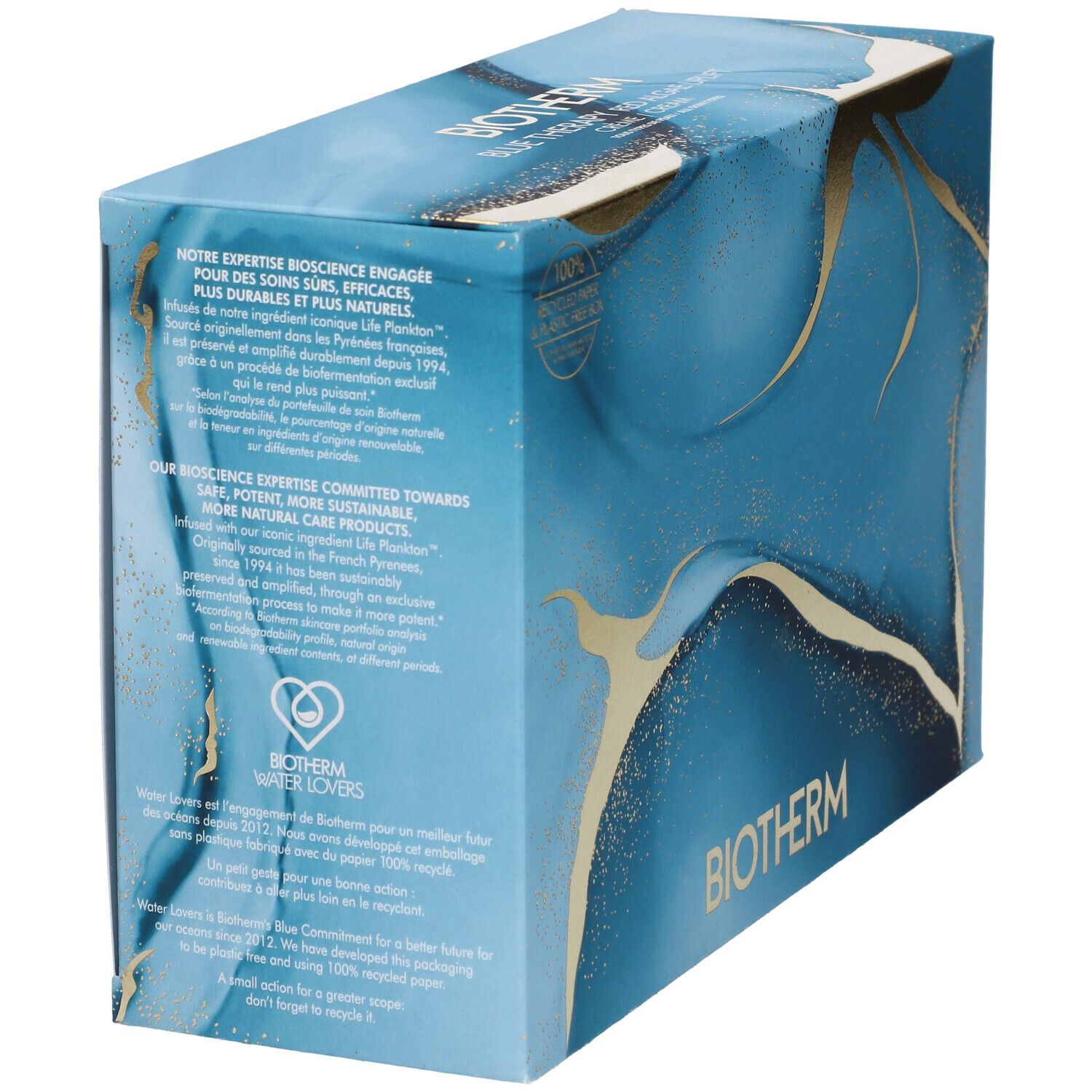 Blau-goldene Geschenkbox. BIOTHERM-Logo. Text über nachhaltige Praktiken. BIOTHERM Water Lovers-Logo. Verpackung aus recyceltem Papier.