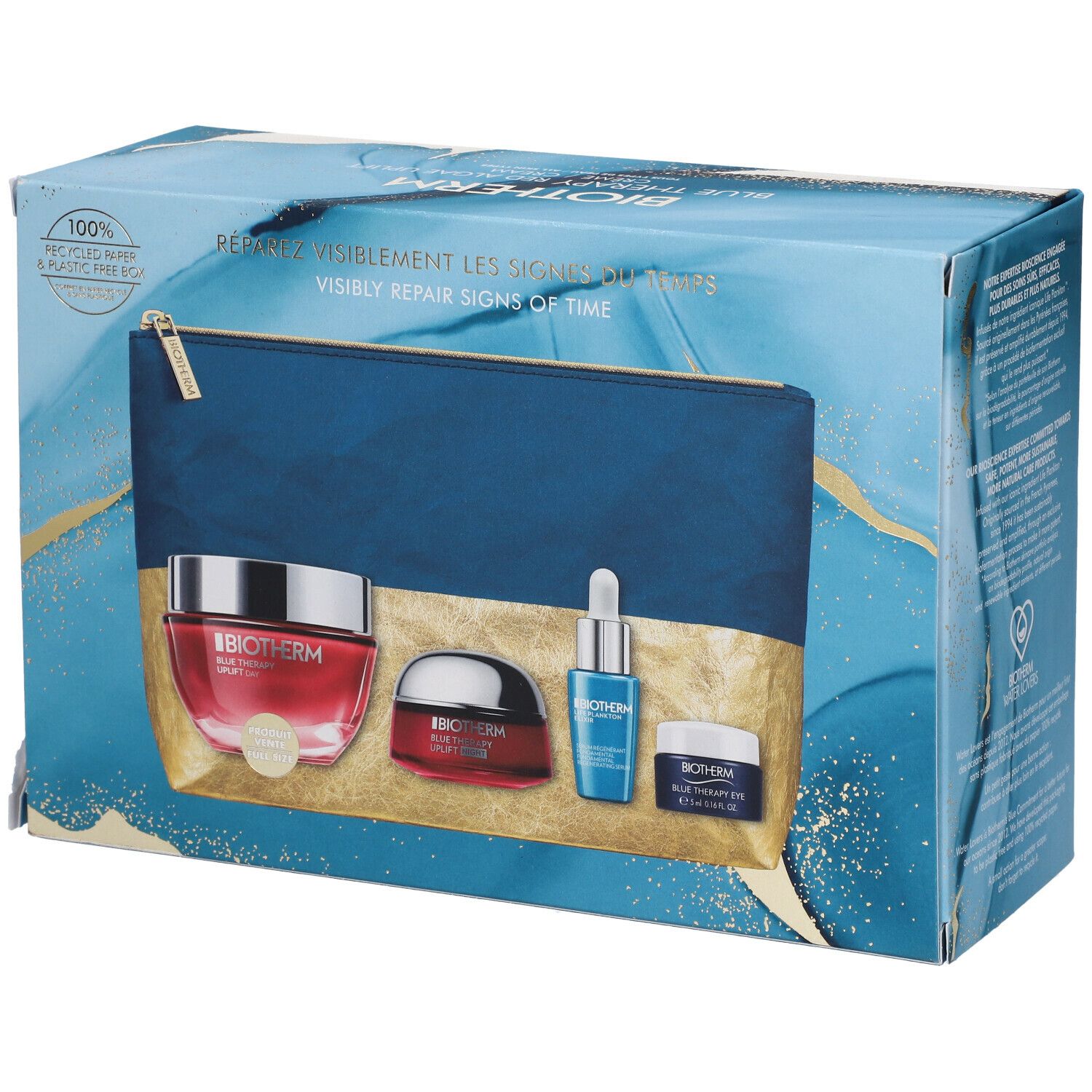 Geschenkset mit Kosmetika. Enthält Creme, Serum und Augencreme. Blaue Kosmetiktasche mit Reißverschluss. BIOTHERM-Logo.
